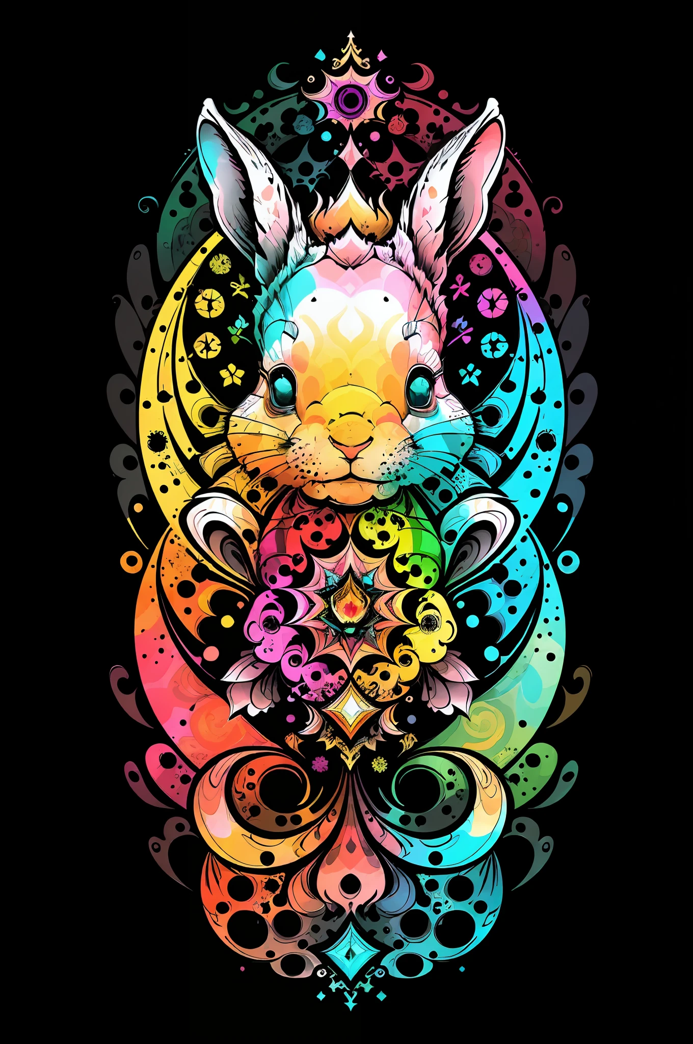in the style of 0mib, adorable rabbit, prismatic shards, reflecting fractal circles, ink spatter, melting brush strokes, particles vortex, dramatic lighting, high quality, beautiful, masterpiece