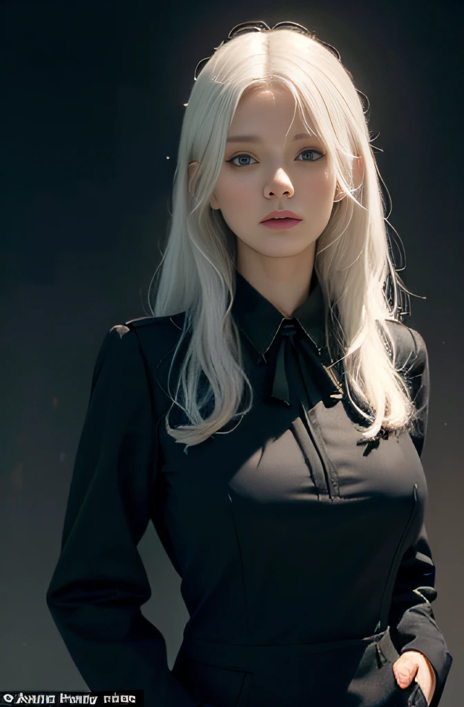 (In the Dark: 1.6), surreal female portrait by David Hockney and Alphonse Mucha, fantasy art, photorealism, dynamic lighting, artstation, poster, volumetric lighting, very detailed faces, 4k, Award Winning, 1girl, In Dark, Deep Shadow, Low Key, Cowboy Shot, (Stewardess Uniform: 1.4), Long Hair, White Hair, Bust, Terminal, Medium Boobs