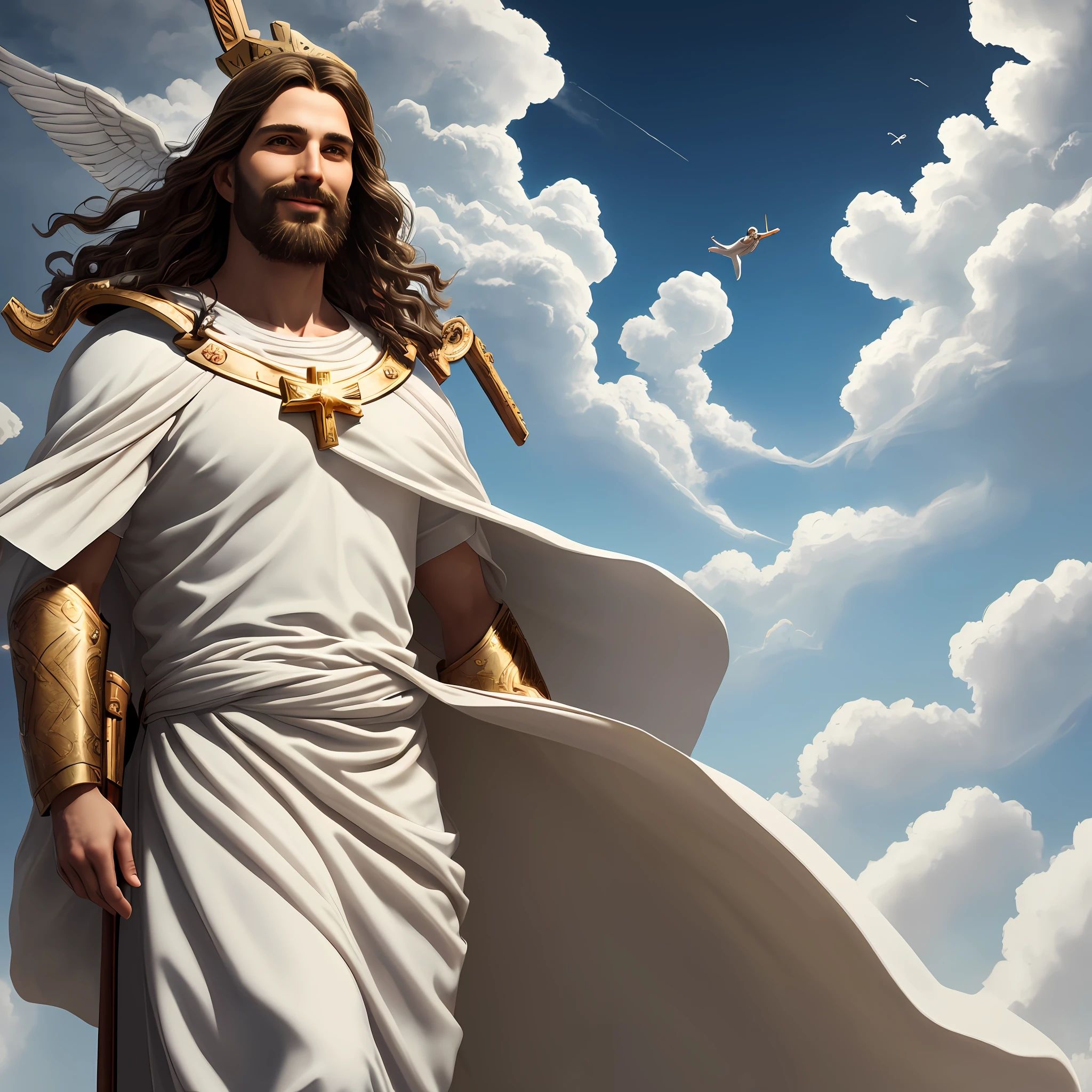 Jesus second coming in the heavens, ( Realistic) age 35 old years, Cross crown, a tunic and a golden breastplate, hair as brown as snow, eyes as flames of fire, feet as refined bronze in the furnace, light smile, Surrealism, backlighting, cinematic lighting, high quality, high details, 8K 3D best quality,Real Jesus flying on sky with a flying cloud in the background, Jesus walking on water, biblical illustration, epic biblical representation, forcing him to flee, coming out of the ocean, ! holding in hand!, disembarking, god of the ocean, beautiful representation, 8k 3D Model, realistic,
a 3D Realistic of jesus with a halo in the sky, jesus christ, smiling in heaven, portrait of jesus christ, jesus face, 35 young almighty god, portrait of a heavenly god, greg olsen, gigachad jesus, jesus of nazareth, jesus, the face of god, god looking at me, he is greeting you warmly, he is happy, avatar image