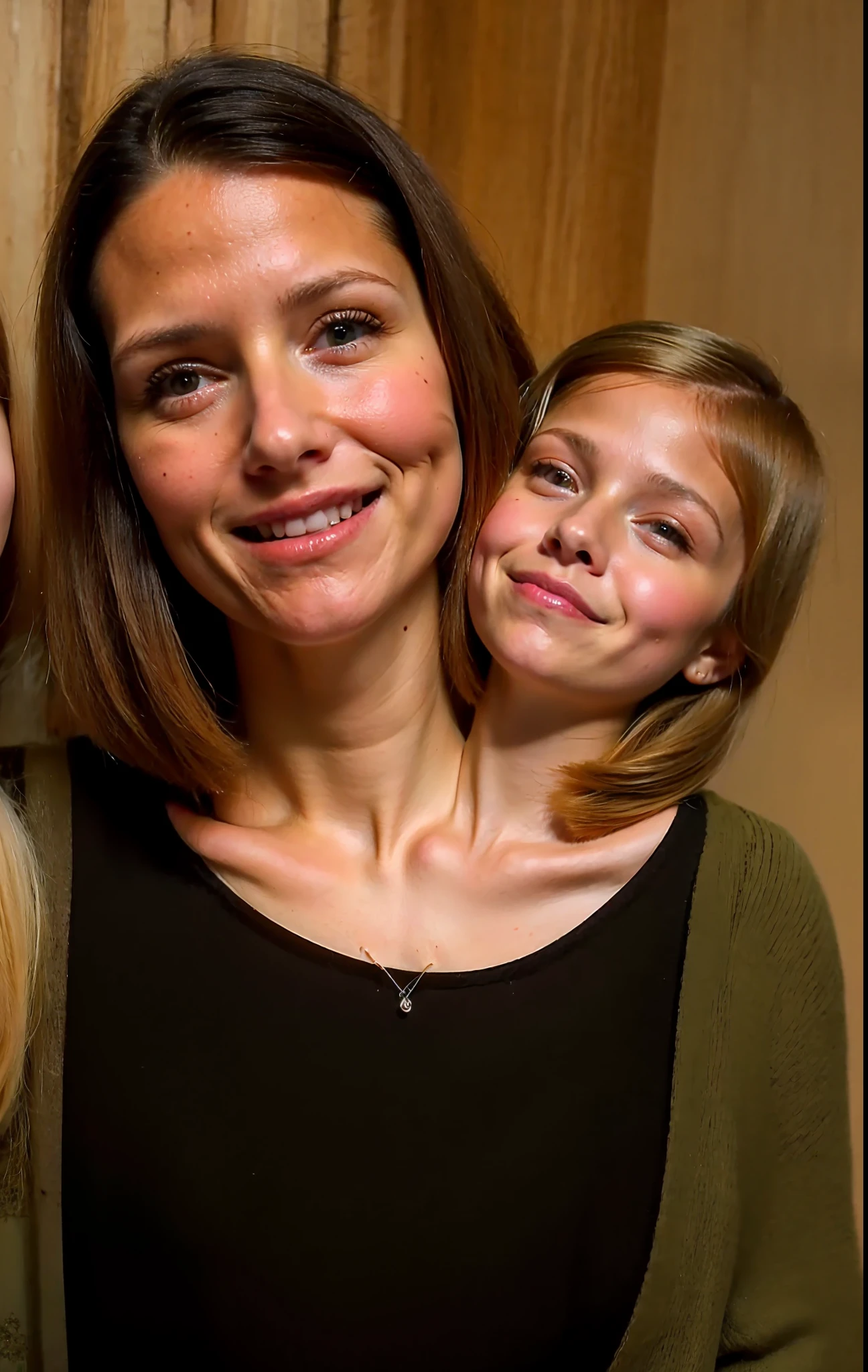 2heads, two headed girl, (mom and daughter:1.5), (young child:1.5), (female:1.5), (blonde:1.5), (two heads attached to one body:1.4), conjoined twins, heads side by side, one body, young, uncomfortable, barefoot