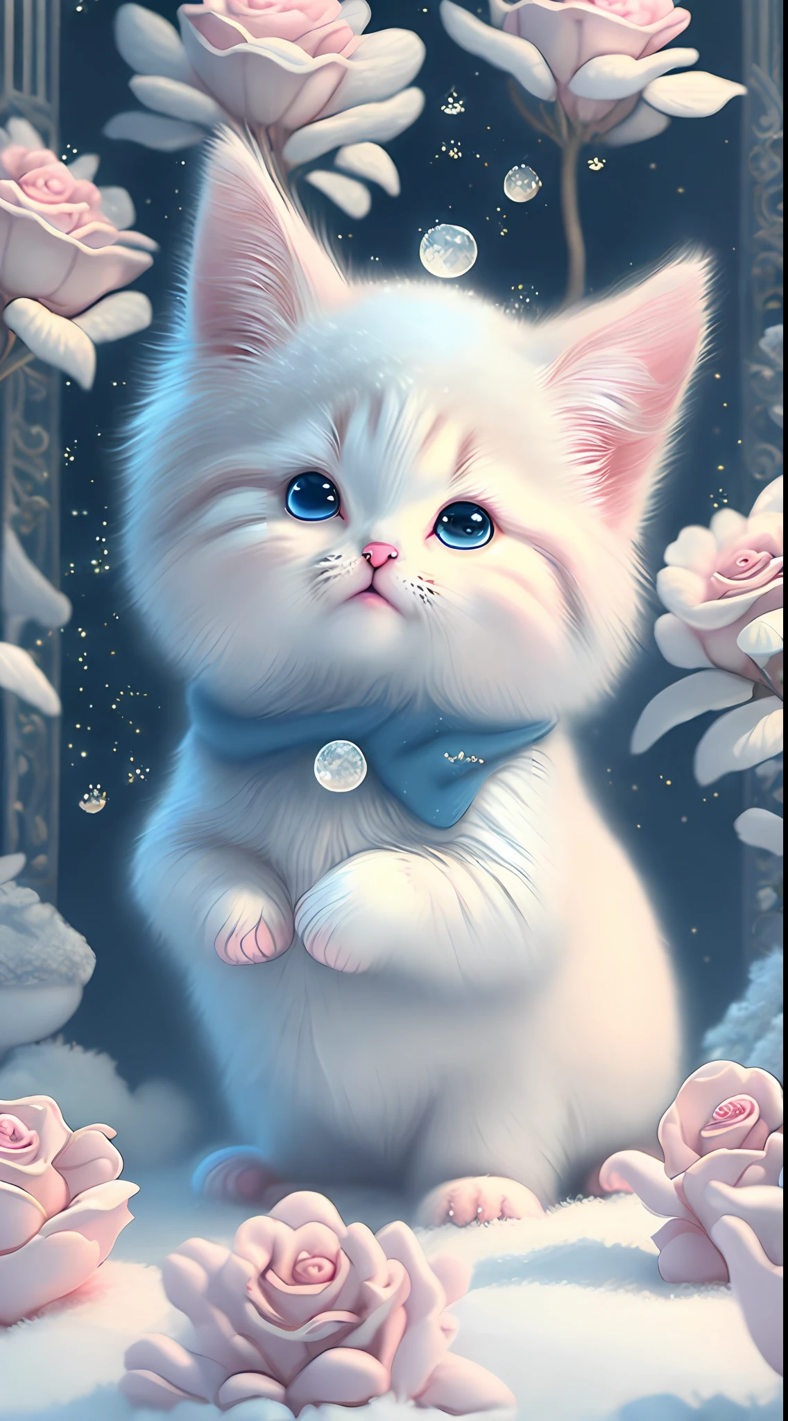 In this ultra-detailed CG art, cute kittens surrounded by ethereal roses, laughter, best quality, high resolution, intricate details, fantasy, cute animals, open mouths, laugh!!