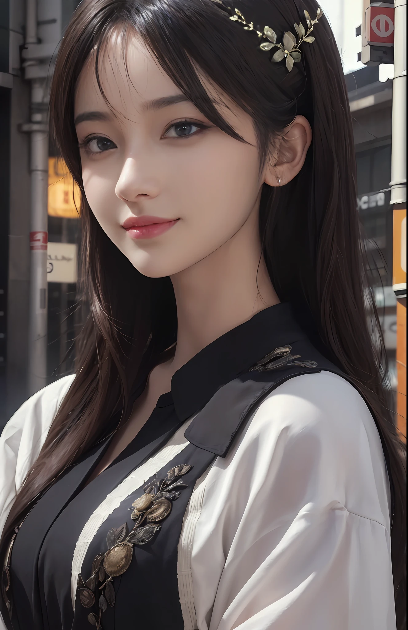 Masterpiece, 1 Beautiful Girl, Detailed, Swollen Eyes, Best Quality, Ultra High Resolution, (Reality: 1.4), Original Photo, 1Girl, Cinematic Lighting, Smiling, Japanese, Asian Beauty, Korean, Neat, Very Beautiful, Slightly Young Face, Beautiful Skin, Slender, Cyberpunk Background, (ultra realistic), (illustration), (high resolution), (8K), (very detailed), (best illustration), (beautifully detailed eyes), (super detailed), (wallpaper), (detailed face), viewer looking, fine details, detailed face, deep shadow, low key, pureerosfaceace_v1, smile, 46 point slanted bangs, facing straight ahead, neat clothes, black colored eyes,