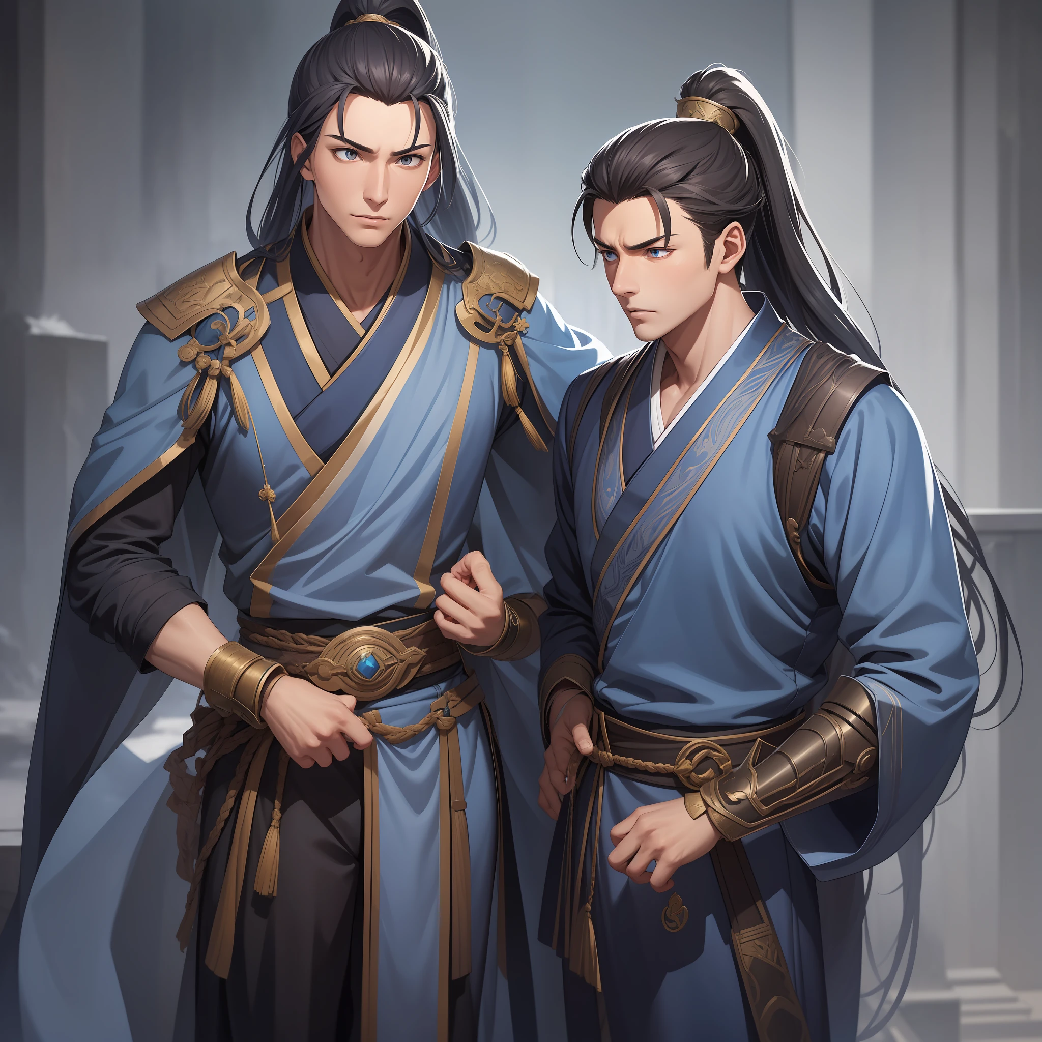 quadratic element,style of anime,mtu(Male Warrior),The proportions are correct,Face details,swordsmen,High ponytail hairstyle,Neck details,There is an Adam's apple,Blue suit,kaftan,long blue robes,clothes details,Handing over,longer sleeves,Game quality,Swordsmanship,Light and shadow tracking,Ray traching,detailed glow,cg render,hair detail,Blue long hair,blue colored eyes,Handsome,Handsome,(juvenile sense),Clothing is complicated,Perfectcomposition,Refinement,high qulity,higher details,Lots of details,The background is complex,a sense of atmosphere,