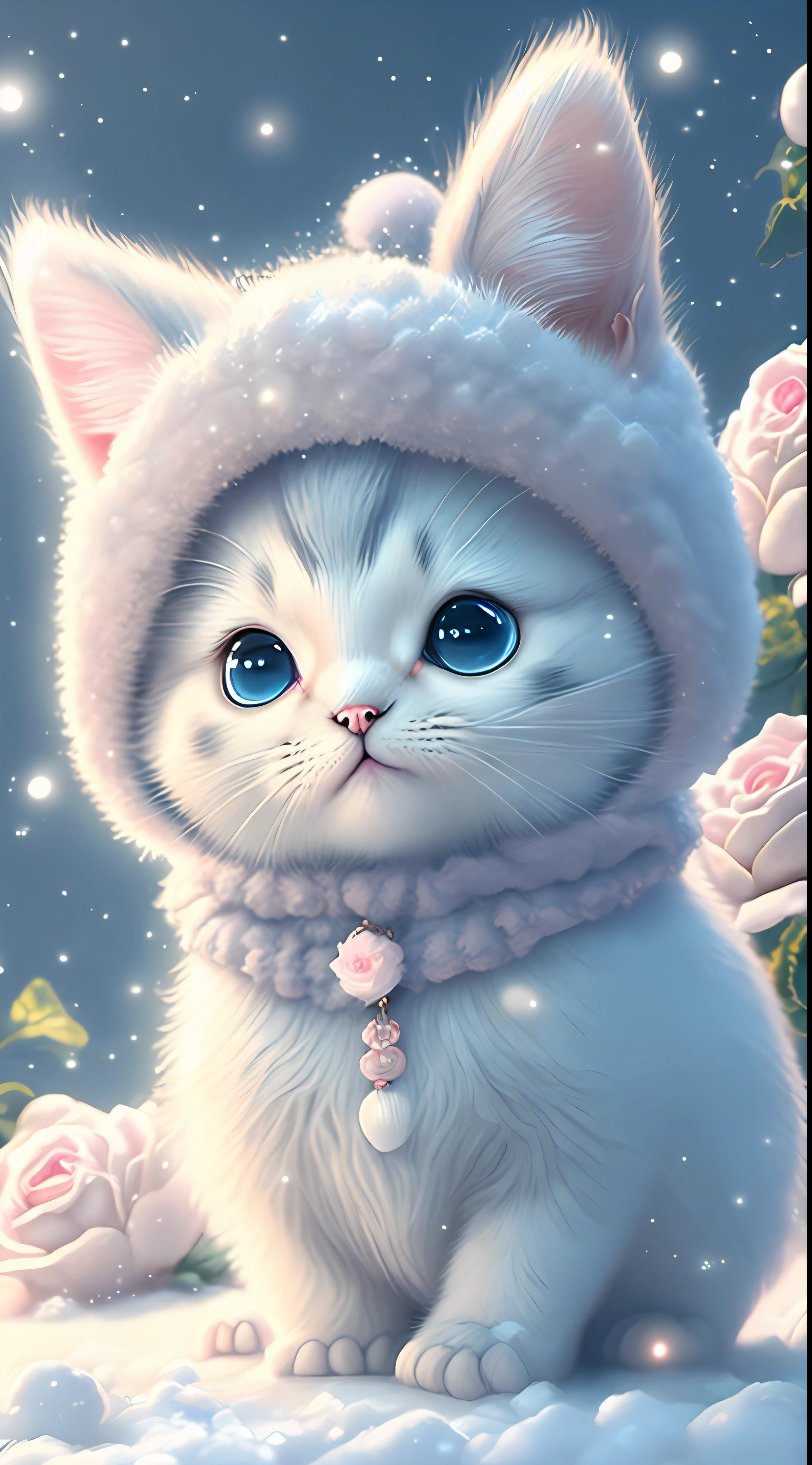 In this ultra-detailed CG art, cute kittens surrounded by ethereal roses, laughter, best quality, high resolution, intricate details, fantasy, cute animals, open mouths, laugh!!