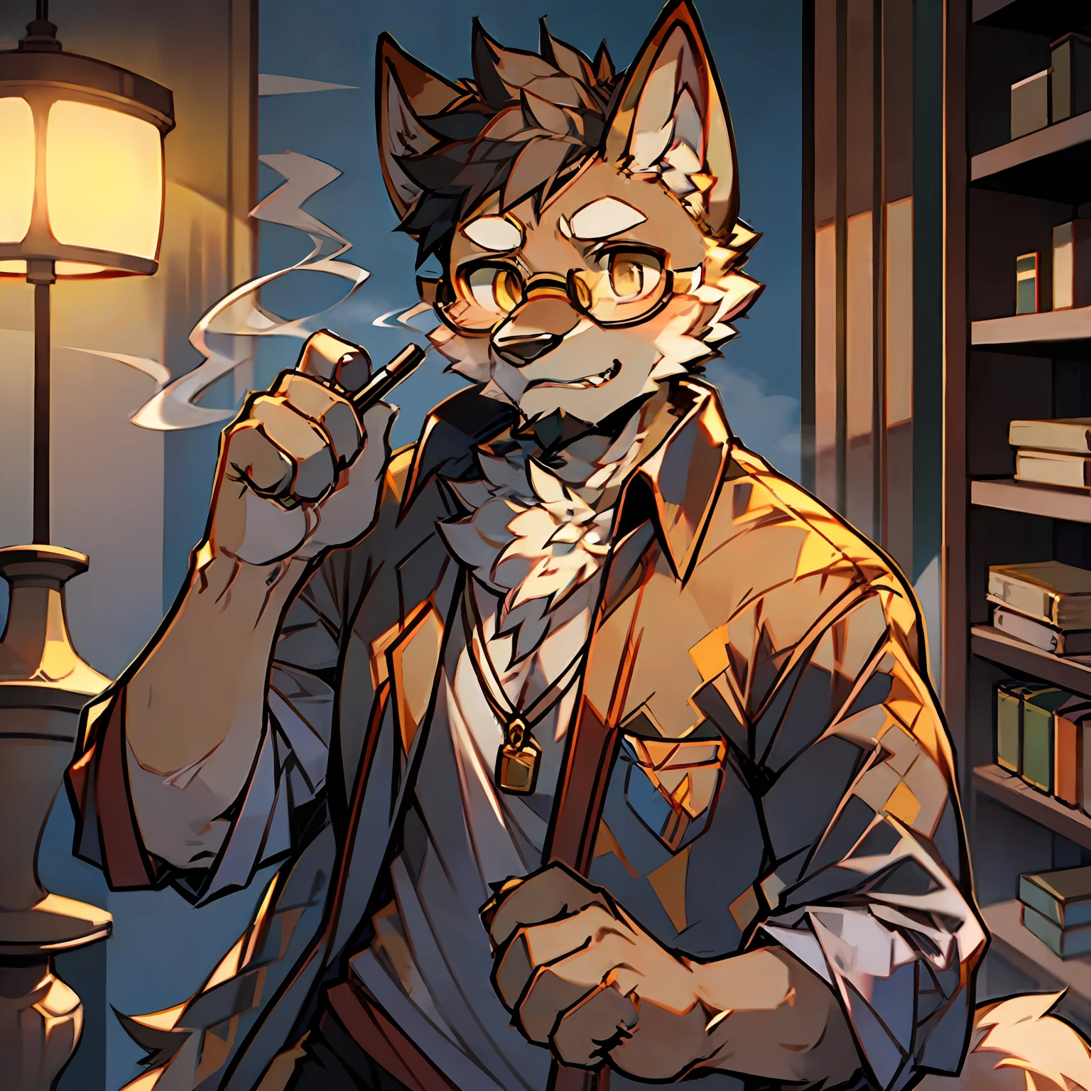 solo person,shaggy male,Furry,lbeard,Middle Age,Dogs,Shiba dog,canid,light brown fur,Gold eyes,Wearing glasses,smokeing,Detective,