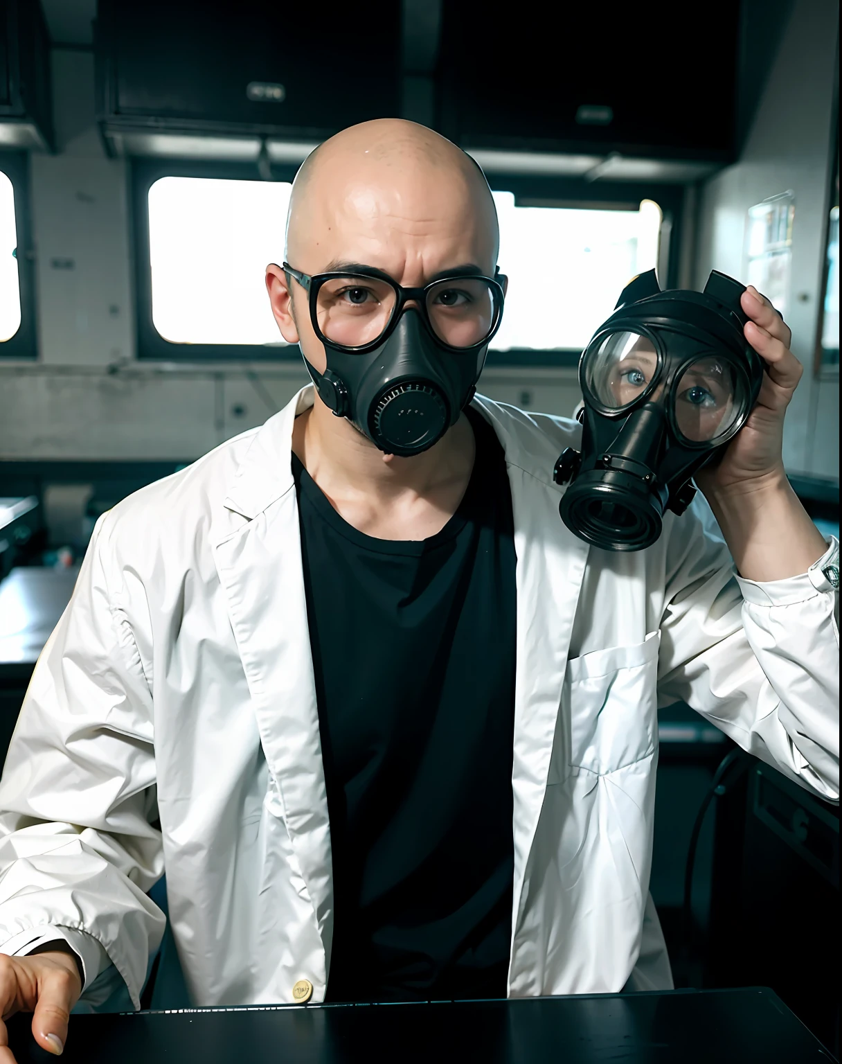 A stunning intricate full-color photograph of the upper body, man in glasses, (wearing a lab coat with a gas mask on his head), bald,
epic character composition,
Authors: Ilya Kuvhinov, Alesio Albi, Nina Masic,
Clear focus, natural lighting, subsurface scattering, f2, 35mm, film grain