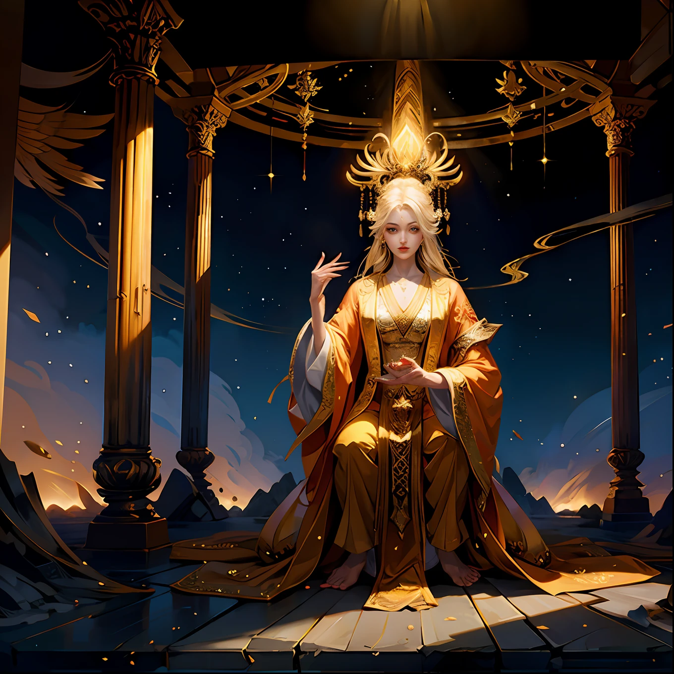 (Now masterpiece level)Best quality, A highly detailed, Beautiful and aesthetic(1.2)scene, 1 girl wearing a gold-patterned robe and white pants, Stand in the halo, Golden wings spread, had his hands folded, The hair is white, eyes are yellow, The mouth closes slightly, The top half of the picture dominates, Clear sky, Light smoke ethereal, Abandoned temple background with pillars of light shining,The picture is very detailed,Elements with fractal art(1.3),Extremely colorful。