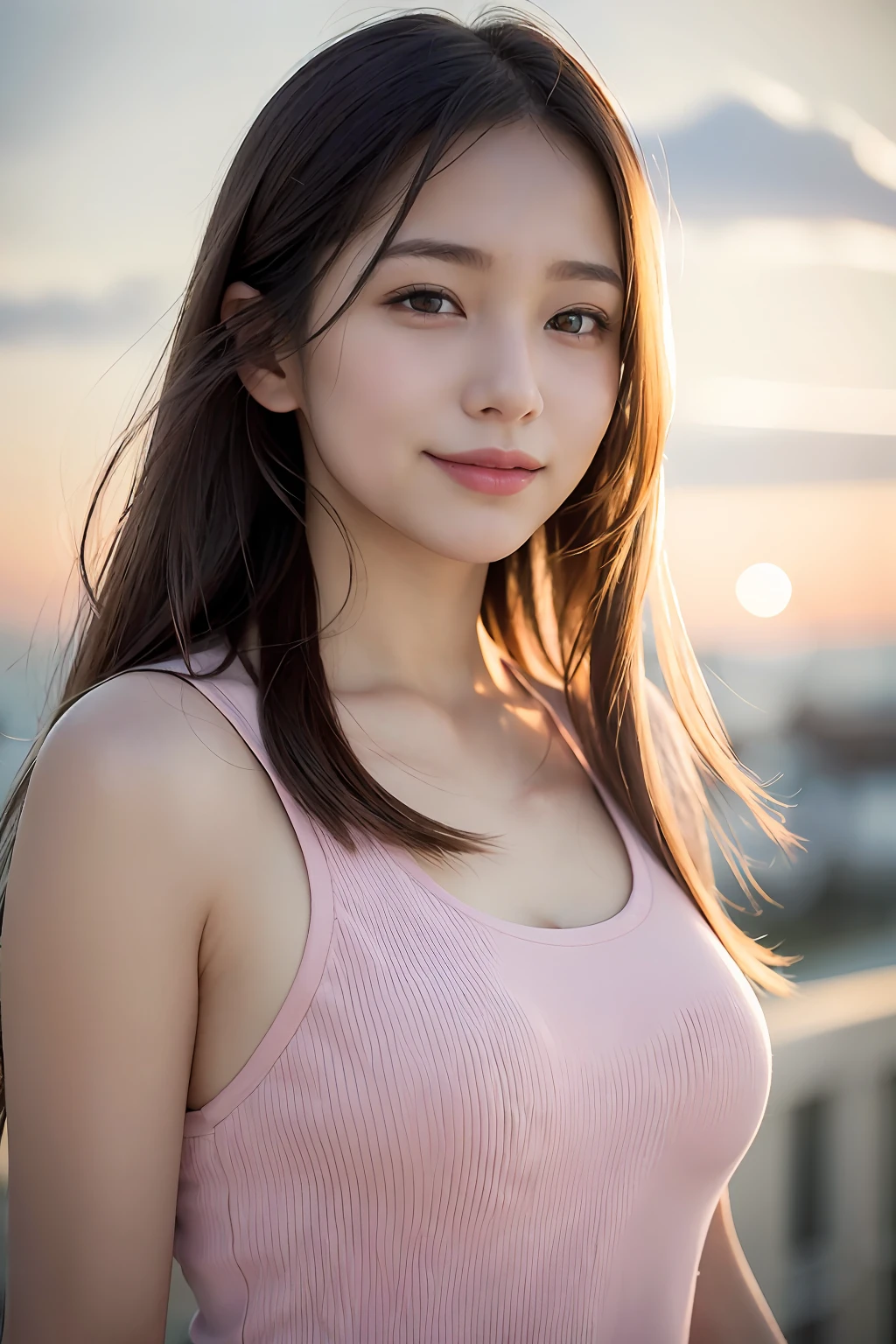 (8k, Best Quality, Masterpiece:1.2), (Realistic, Photorealistic:1.37), Ultra Detail, 1 Girl,Cute,Solo,Beautiful Detailed Sky,Date,(Blush),(Smile:1.15),(Closed Mouth)Small Breasts,Beautiful Detailed Eyes,(Long Hair: 1.2),Floating Hair NovaFrogStyle, Upper Body, Tank Top