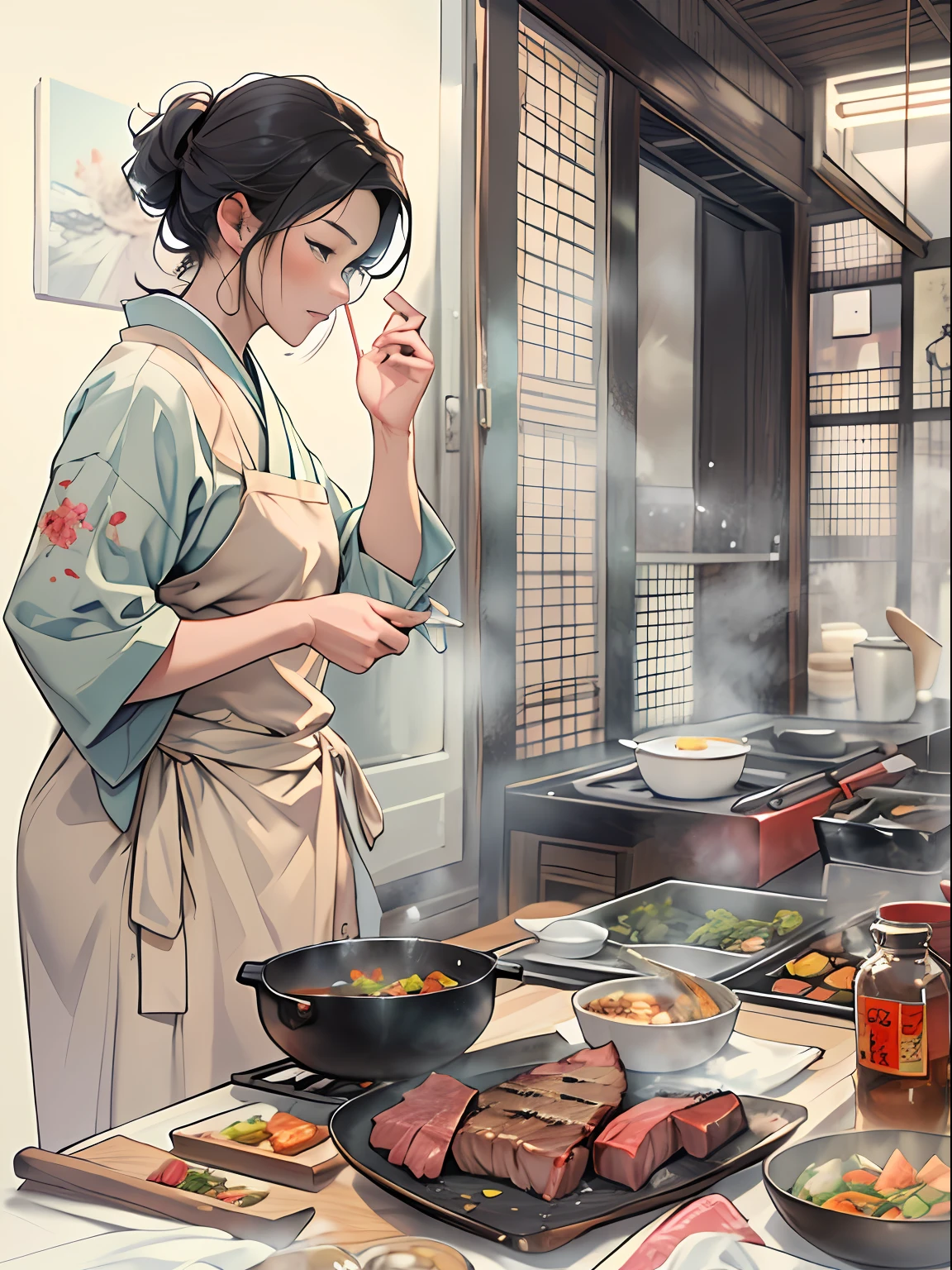 A woman smells the aroma in the air and involuntarily stops her movement, hesitantly looking at the man. She can sense the similarity between this aroma and the taste of Japanese charcoal-grilled Wagyu beef, but with a unique twist. The man continues his cooking with focus. ,in the style of the stars art group xing xing, 32k, best quality, masterpiece, super detail, high details
