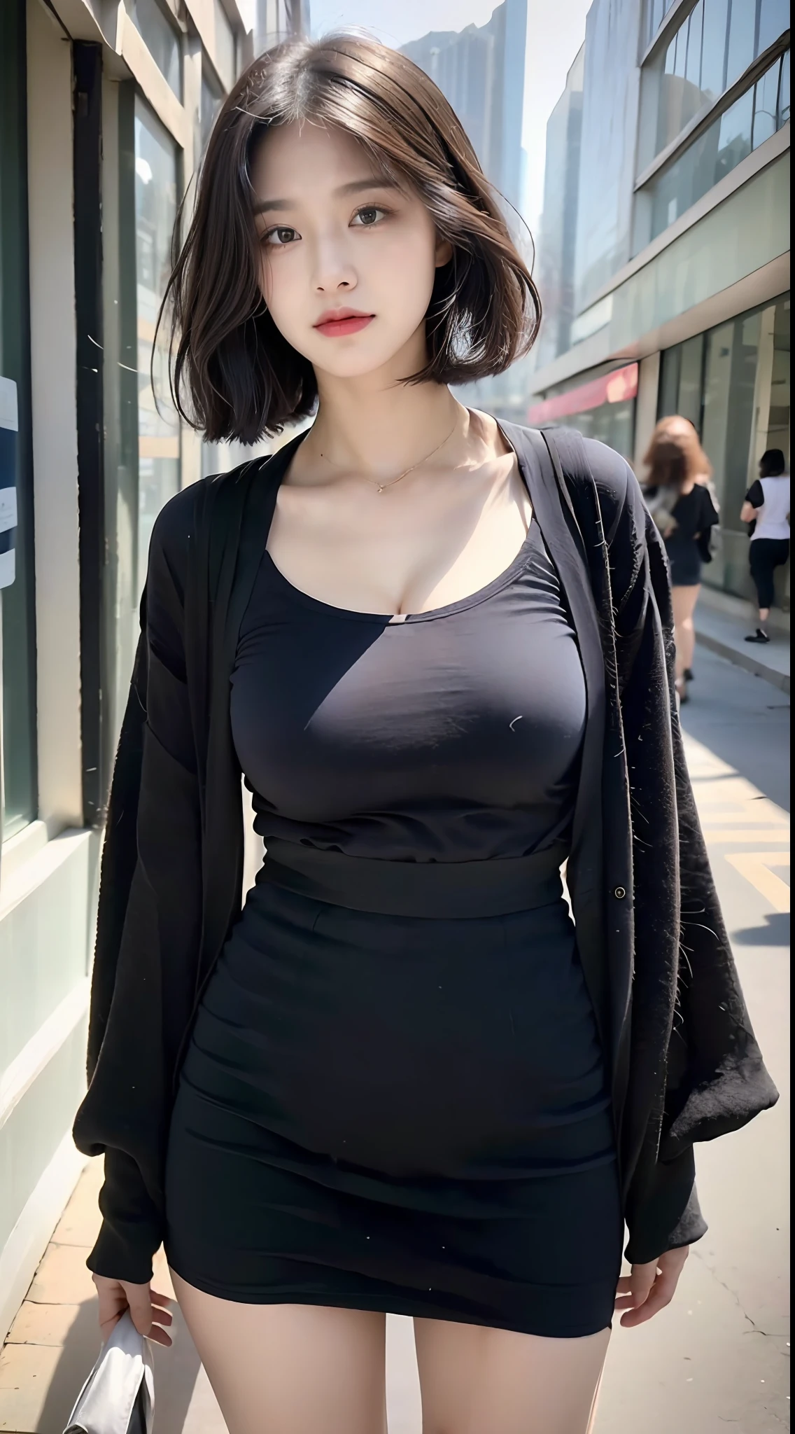 Ultra HD, masterpiece, highest resolution, highest detail, chiaroscuro, realistic, a 25-year-old woman, wearing a navy blue bandeau, navy blue short skirt, black hair, beautiful eyes, long eyelashes, human eye perspective shooting, standing on the fashionable street posing