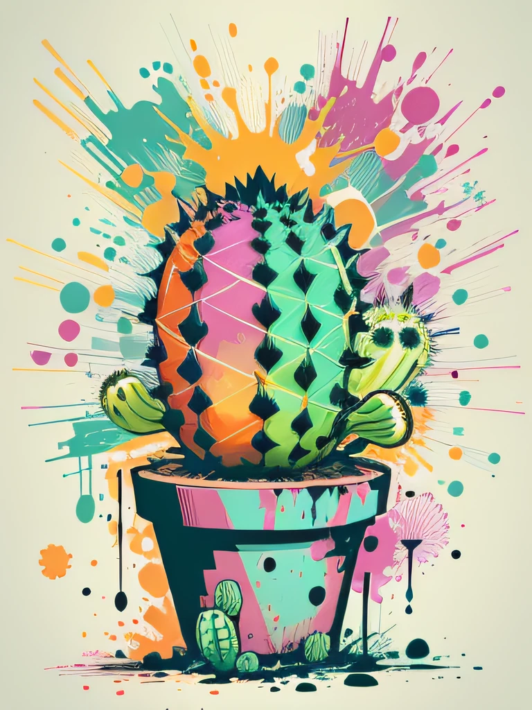 vector art, Colorful illustration with graffiti blooming cactus, in the center, Bright colors, paint splashes and blots, high detail, whitebackground