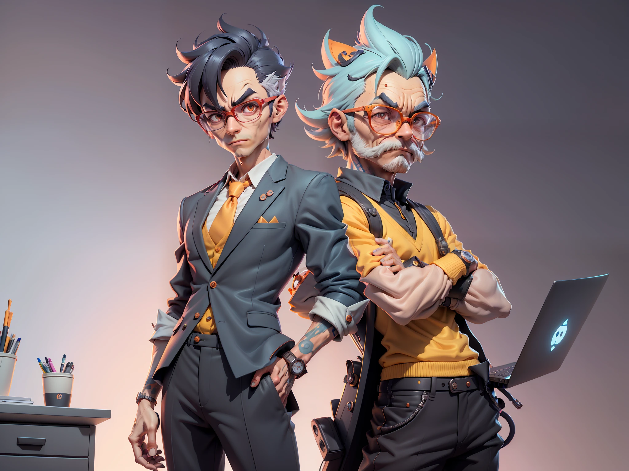 A young man in a suit and pants, Short hair and glasses sat at his desk，holding laptop，digitial painting，tigre，3D character design by Mark Clairen and Pixar and Hayao Miyazaki and Akira Toriyama，4K HD illustration，Very detailed facial features and cartoon-style visuals。