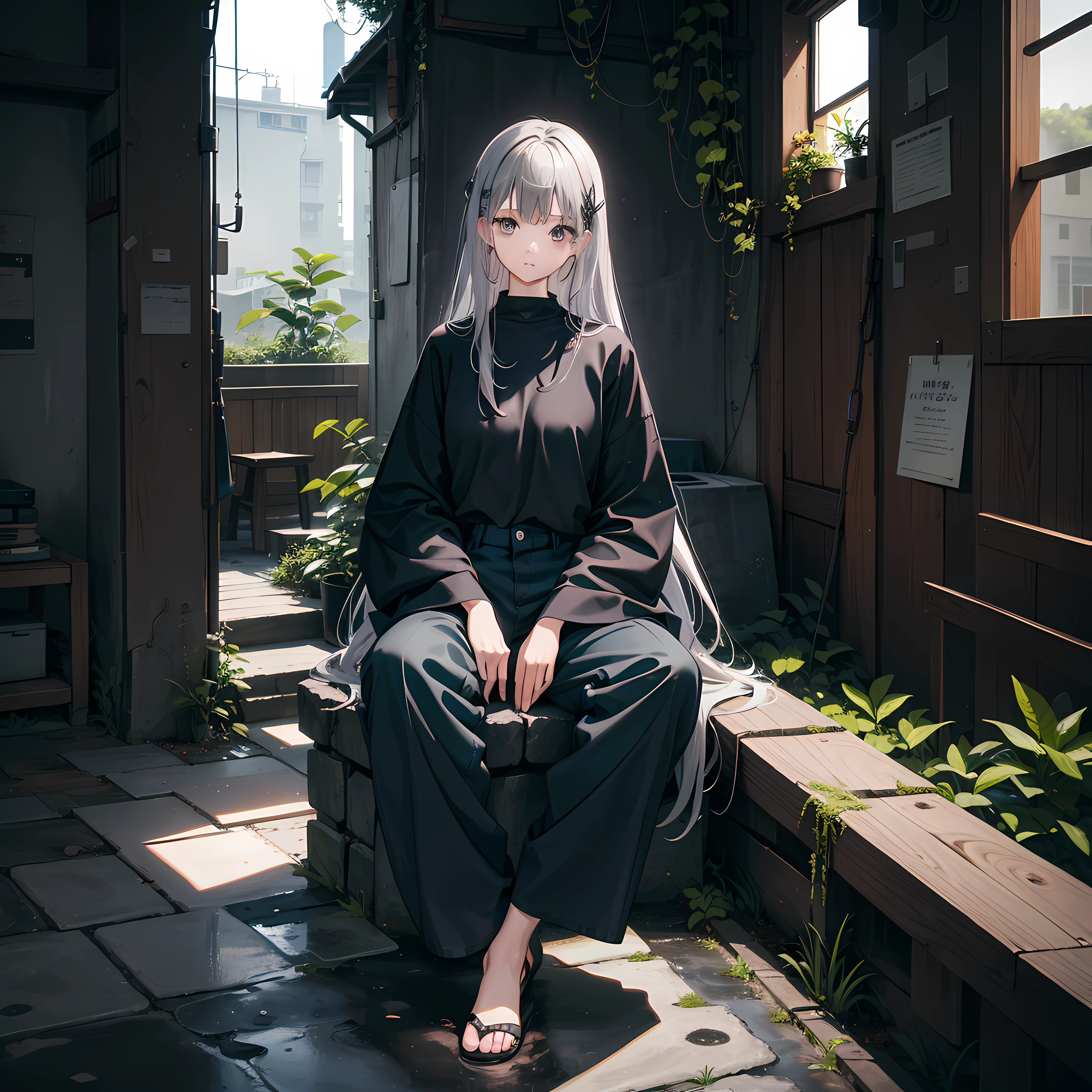 Woman sitting on chair in black top and jeans, Baggy pants, dressed with long fluent clothes, wearing a long flowy fabric, casual clothing style、 wearing a baggy, multilayered outfit, Silver and muted colors, Relaxed style, grey Clothes, Pants, baggy, Gray skin. grunge, Styling、Ruins、Buildings eroded by vegetation,hi-school girl、military outfits