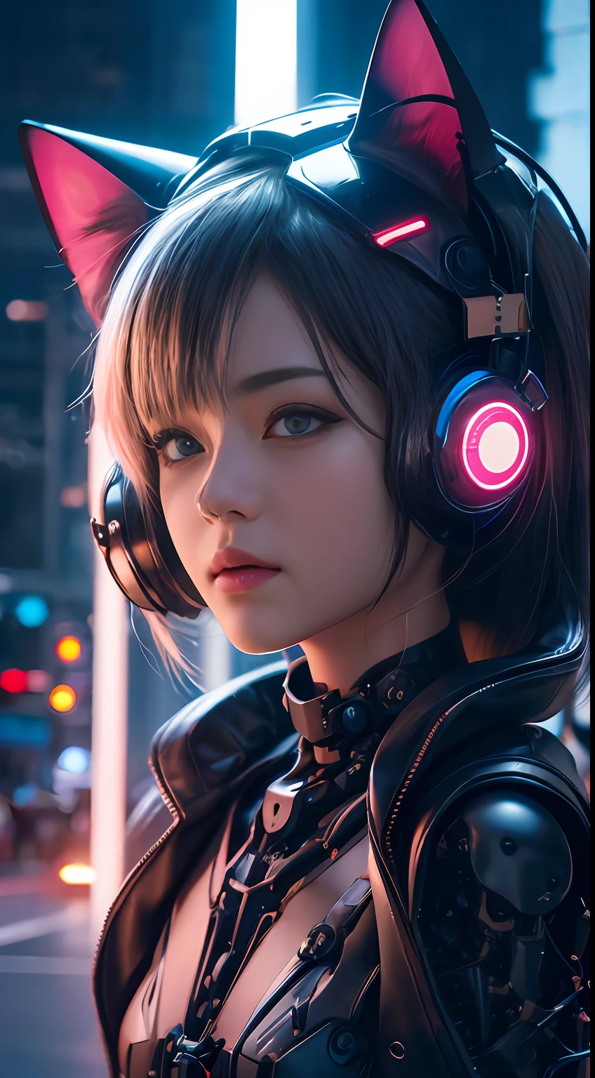 A cute girl with a helmet,cat ear,future-tech,Mechanical prosthesis,Mechanical skeleton,natta, Cyberpunk-city, Neon billboard, Best picture quality, Highest clarity and clarity, ultra-realistic realism, high detal, afofuturism,lightand shade contrast, cinmatic lighting, Ray traching, reflective light,