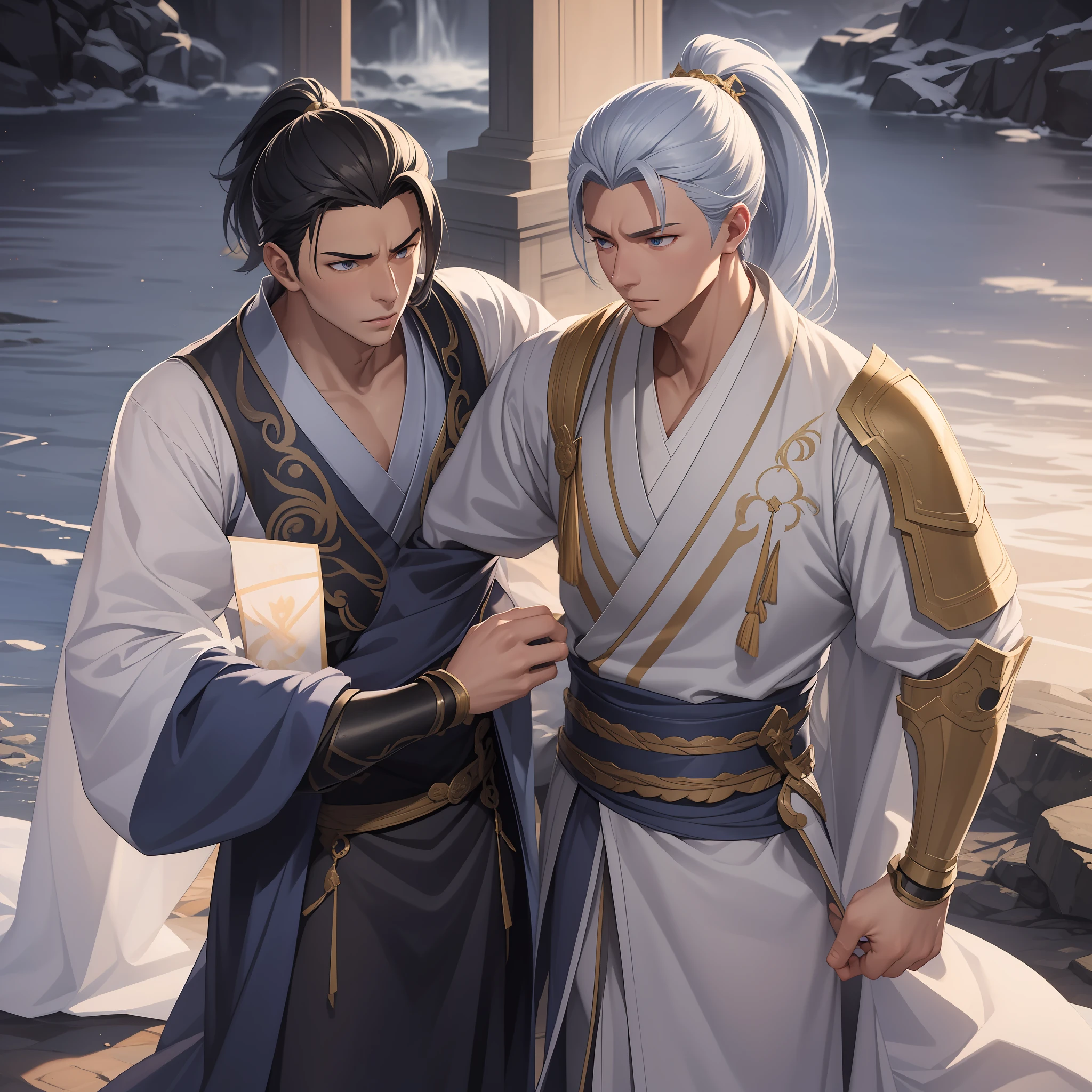 quadratic element,style of anime,mtu(Male Warrior),The proportions are correct,Face details,swordsmen,High ponytail hairstyle,Neck details,There is an Adam's apple,Blue suit,kaftan,long blue robes,clothes details,Handing over,longer sleeves,Game quality,Swordsmanship,Light and shadow tracking,Ray traching,detailed glow,cg render,hair detail,Blue long hair,blue colored eyes,Handsome,Handsome,(juvenile sense),Clothing is complicated,Perfectcomposition,Refinement,high qulity,higher details,Lots of details,The background is complex,a sense of atmosphere,