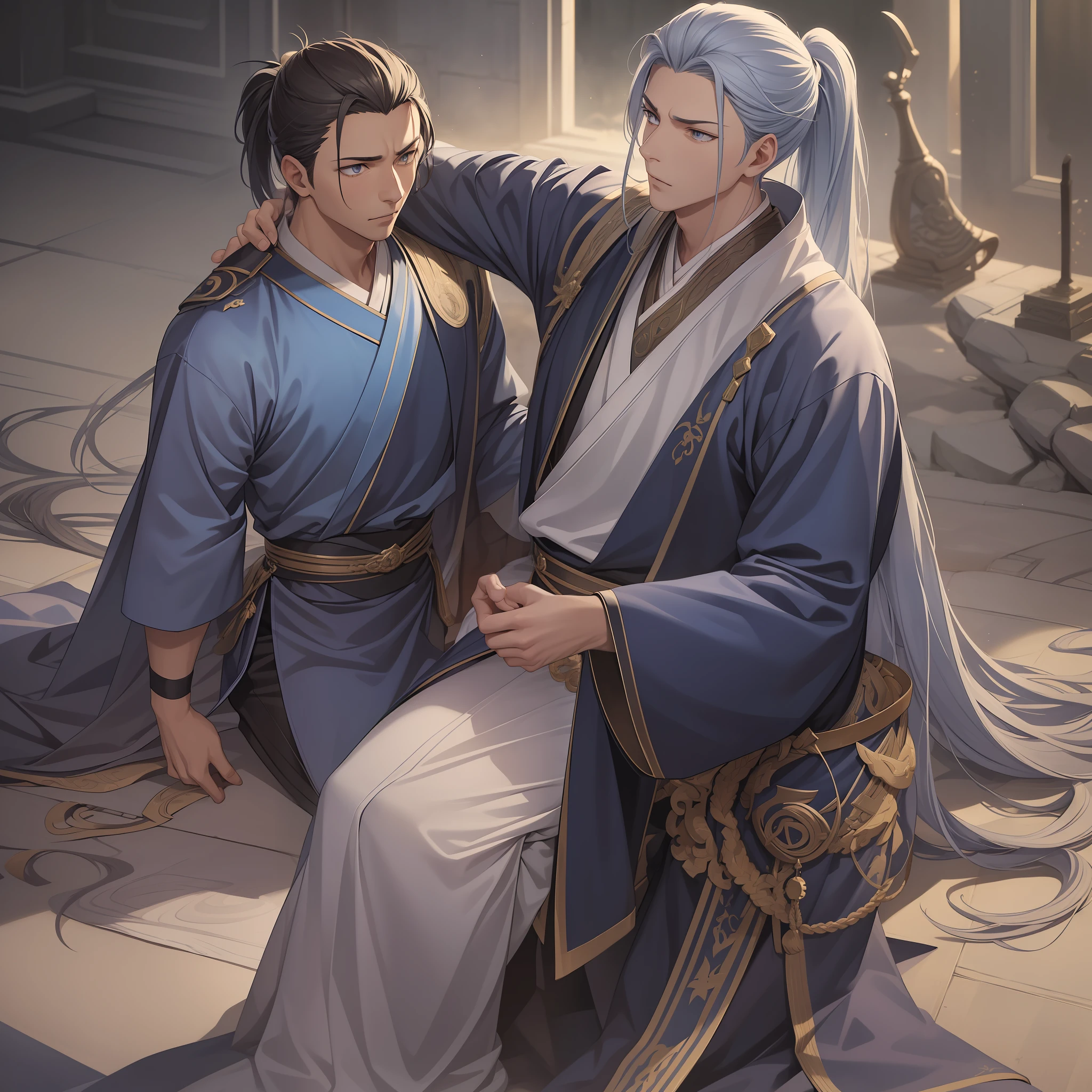 quadratic element，style of anime，mtu（Male Warrior），The proportions are correct，Face details，swordsmen，High ponytail hairstyle，Neck details，There is an Adam's apple，Blue suit，kaftan，long blue robes，clothes details，Handing over，longer sleeves，Game quality，Swordsmanship，Light and shadow tracking，Ray traching，detailed glow，cg render，hair detail，Blue long hair，blue colored eyes，Handsome，Handsome，（juvenile sense），Clothing is complicated，Perfectcomposition，Refinement，high qulity，higher details，Lots of details，The background is complex，a sense of atmosphere，