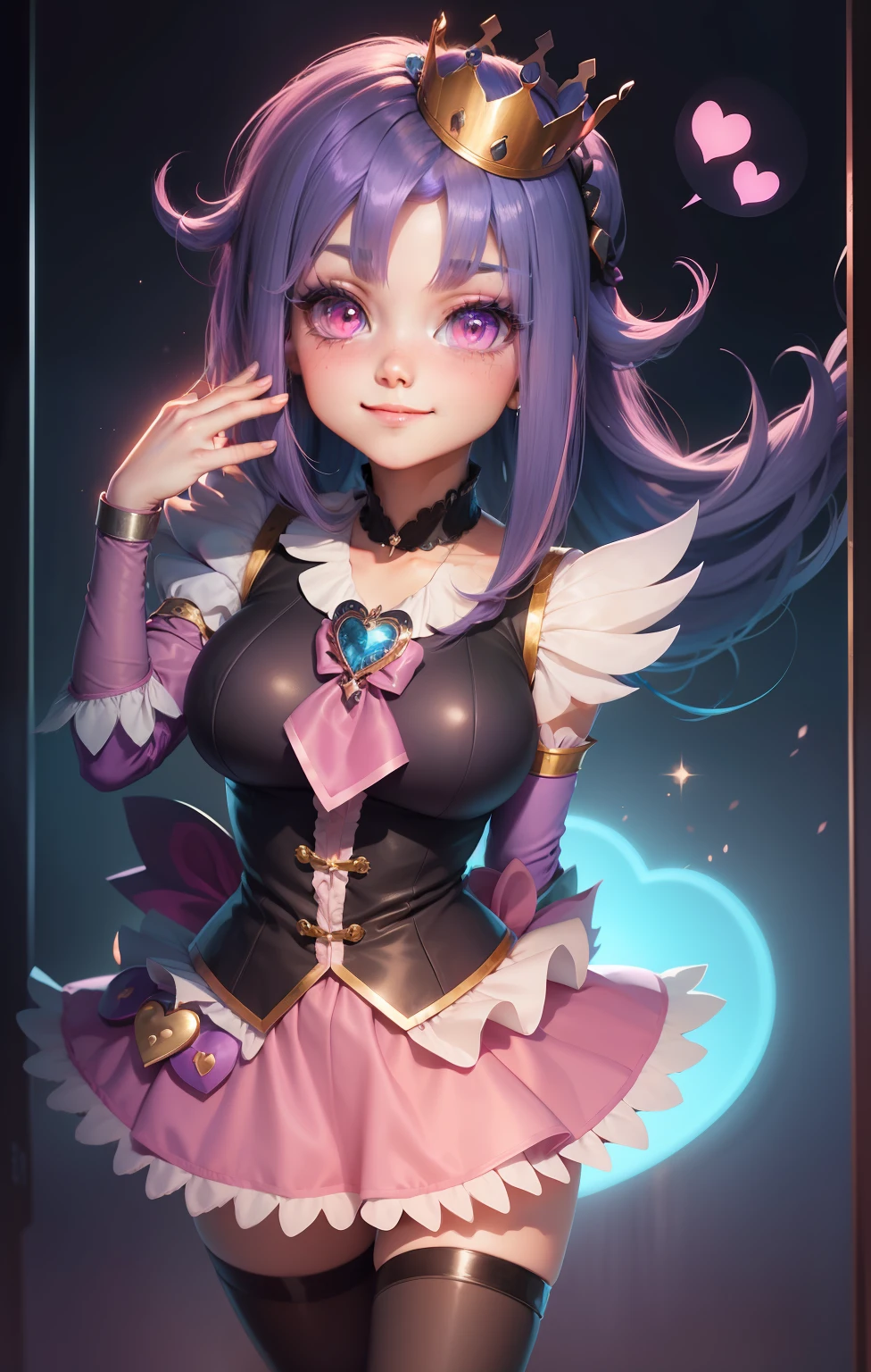 heart, rating:safe, 1girl,teens girl,a beauty girl, girl,cure_princess(cosplay), thighhighs, blue_hair, crown, smile, solo, skirt, wrist_cuffs, blue_skirt, sparkle, spoken_heart,breasts,large_breasts,big_breasts, brooch, zettai_ryouiki, magical_girl, jewelry, pink_background, long_hair, red_eyes, blue_legwear, pink_eyes, symbol-shaped_pupils, mini_crown, short_hair, cowboy_shot, purple_hair, blush, looking_at_viewer, hair_ornament, frills, tiara, bow, ponytail