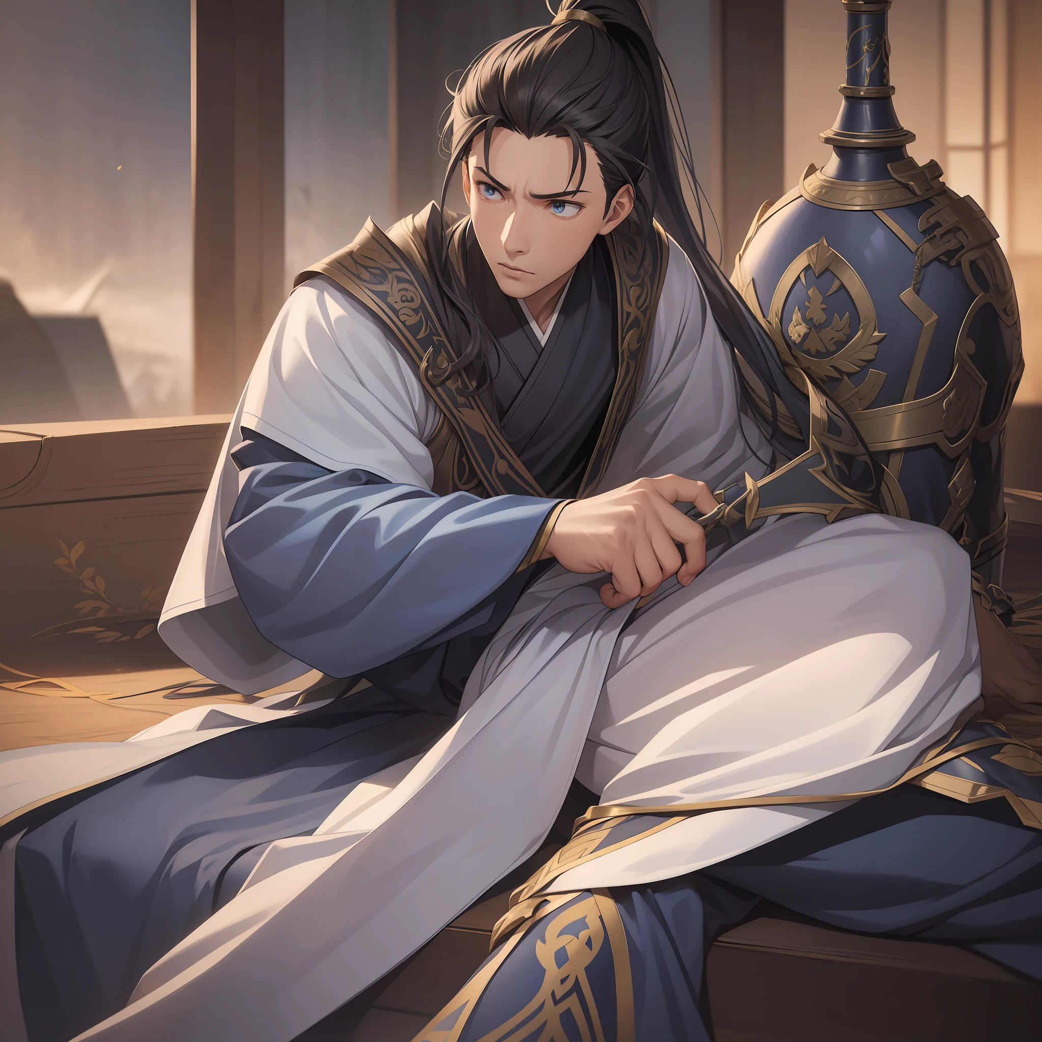 quadratic element，style of anime，mtu（Male Warrior），The proportions are correct，Face details，swordsmen，High ponytail hairstyle，Neck details，There is an Adam's apple，Blue suit，kaftan，long blue robes，clothes details，Handing over，longer sleeves，Game quality，Swordsmanship，Light and shadow tracking，Ray traching，detailed glow，cg render，hair detail，Blue long hair，blue colored eyes，Handsome，Handsome，（juvenile sense），Clothing is complicated，Perfectcomposition，Refinement，high qulity，higher details，Lots of details，The background is complex，a sense of atmosphere，