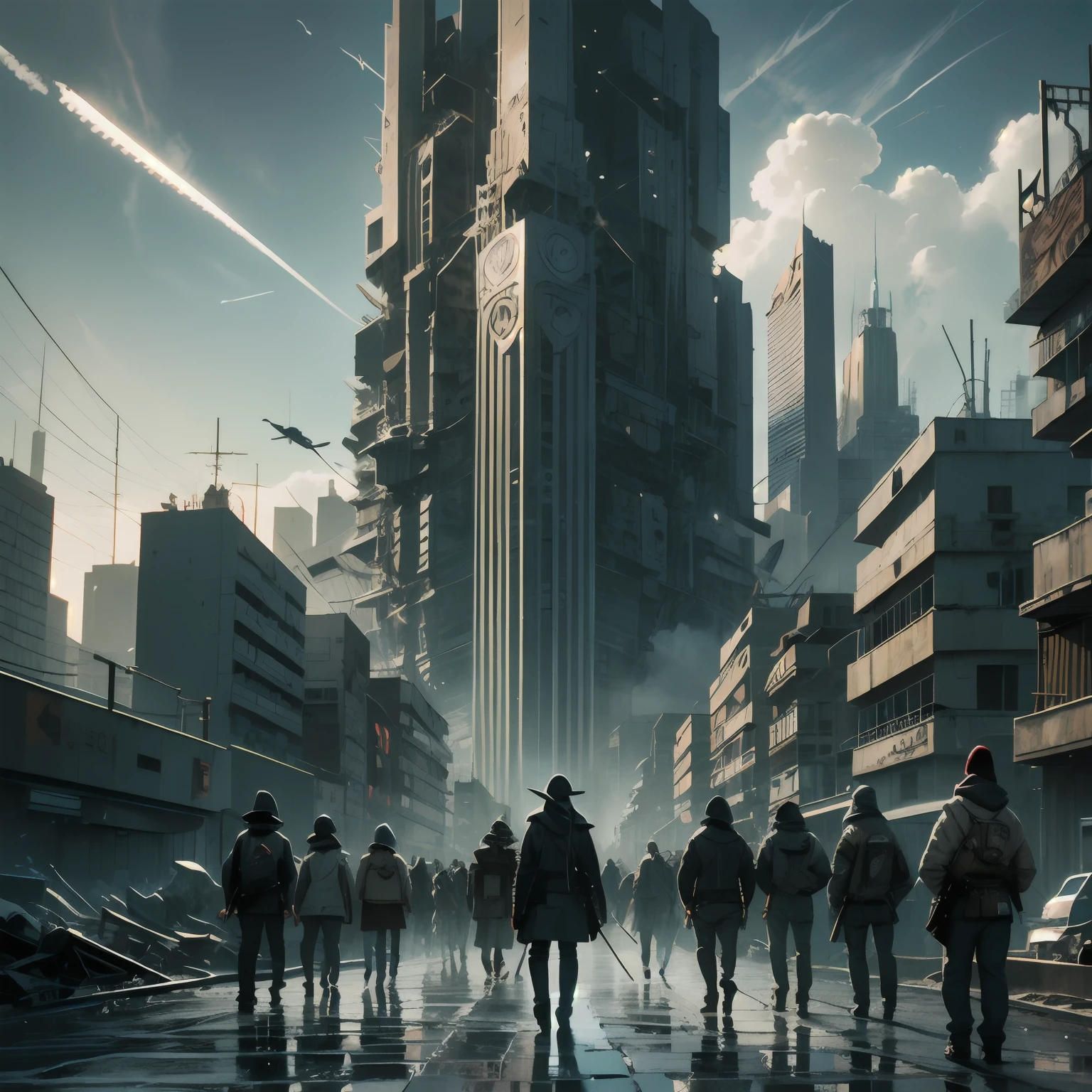 Large group of masked youths standing holding very long metal sticks to ward off evil, (Enorme criatura aterradora en la distancia), Cambio elemental, Fuegos en la distancia, strange lights in the sky, windswept ruined city background gloomy, oscuro, ominous more details