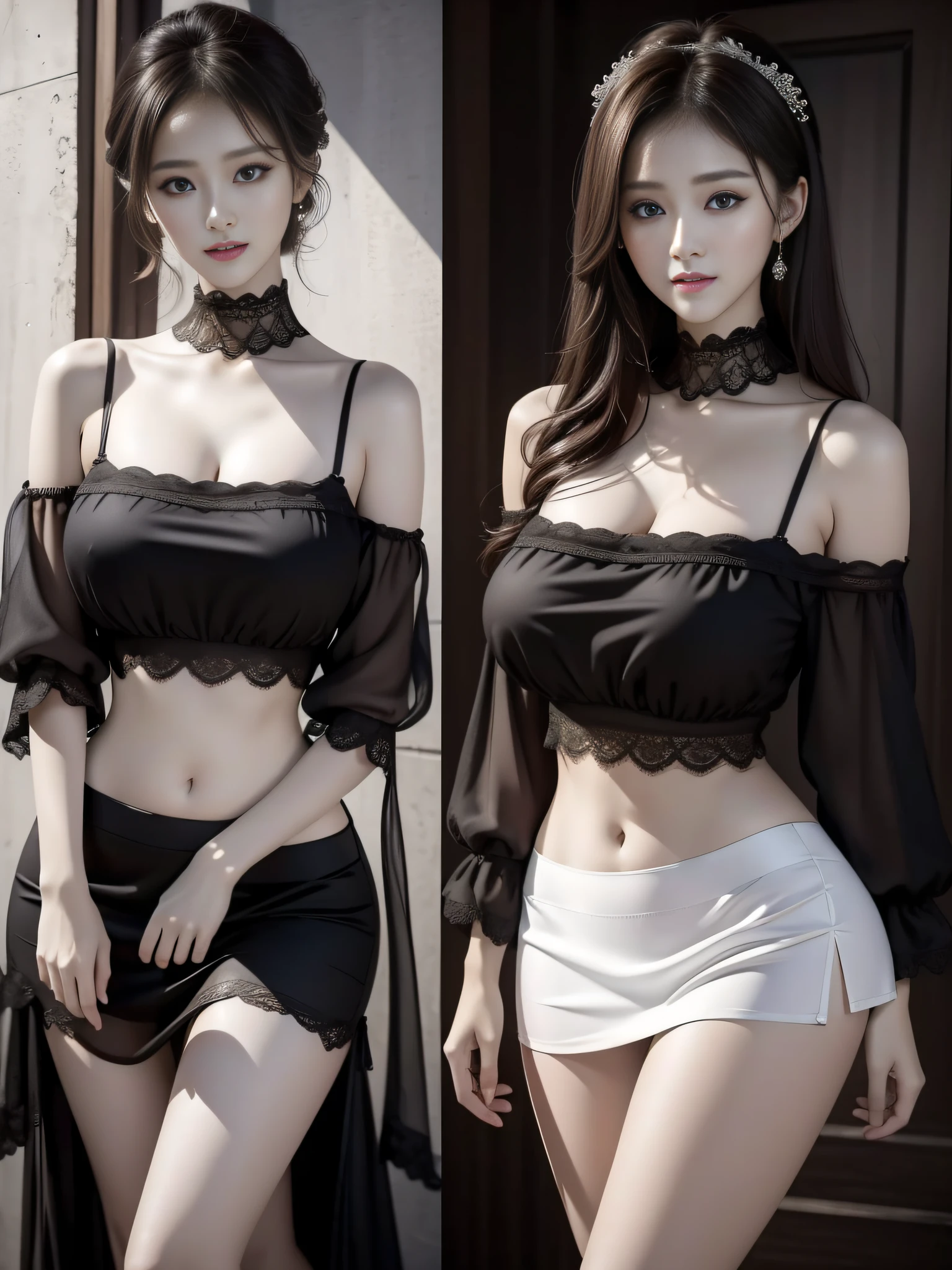 Master masterpieces，8K分辨率，Extremely delicate beautiful girl，Supple and fair skin，Extremely delicate depiction of the face，exquisite facial features，s the perfect face，largeeyes，Heterochromic pupils，long eyelasher，purple eyeshadow，Evil eyes，Cherry small mouth，Blushlush，ssmile，Brown messy hair，（Black shirt，Colorful shirts，High neck off-the-shoulder white shirt，Open navel，Slip stocking skirt，Do not expose），Lace collar，perfect bodies，Elegant curves，Charming temperament，extremy detailed，Realistic details，Authentic texture，Cinematic lighting realism，hyper HD，Bust photo，rays of sunshine，sandbeach