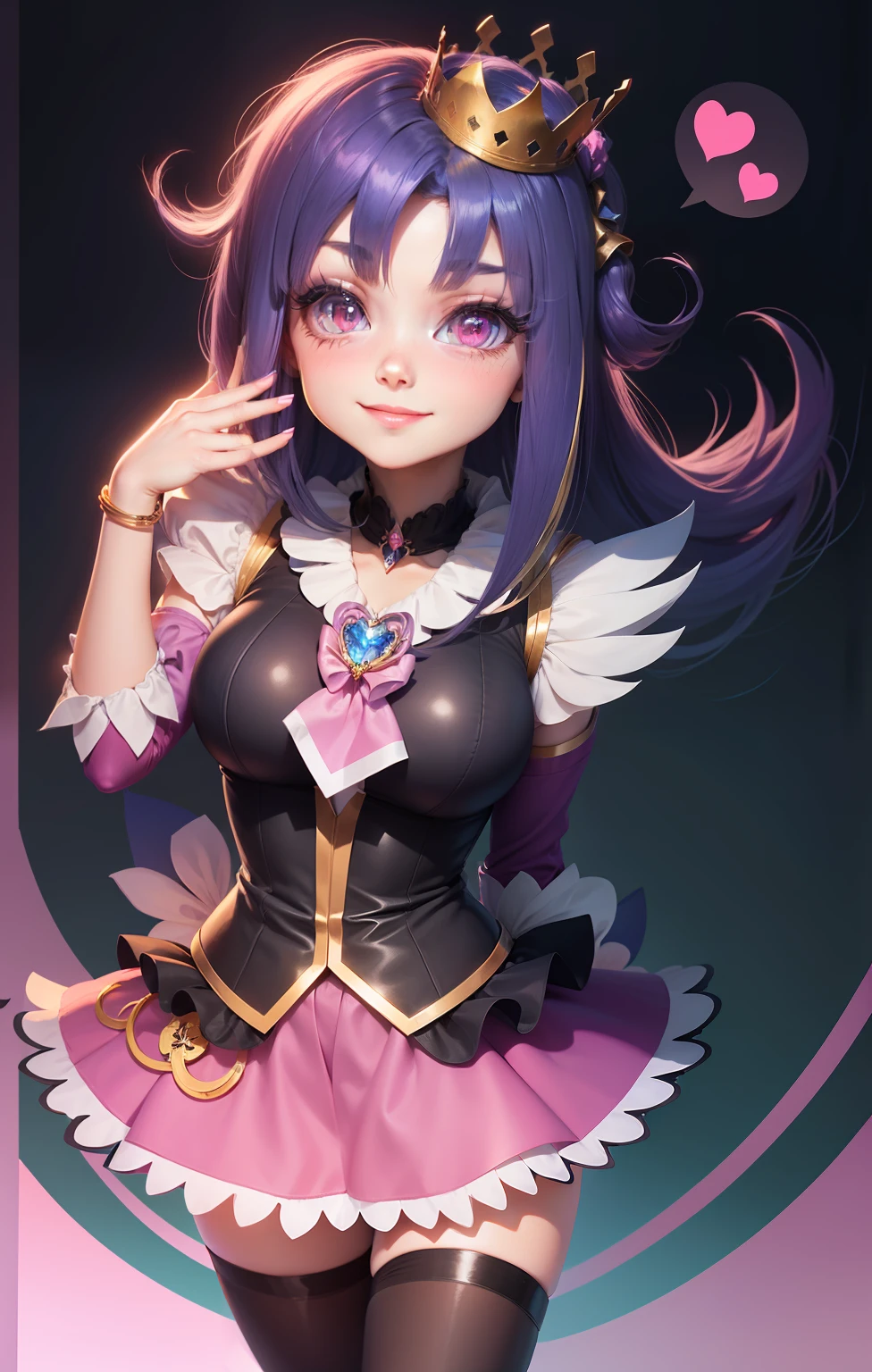 heart, rating:safe, 1girl,teens girl,a beauty girl,middle school girl,cure_princess(cosplay), thighhighs, blue_hair, crown, smile, solo, skirt, wrist_cuffs, blue_skirt, sparkle, spoken_heart,breasts,large_breasts,big_breasts, brooch, zettai_ryouiki, magical_girl, jewelry, pink_background, long_hair, red_eyes, blue_legwear, pink_eyes, symbol-shaped_pupils, mini_crown, short_hair, cowboy_shot, purple_hair, blush, looking_at_viewer, hair_ornament, frills, tiara, bow, ponytail