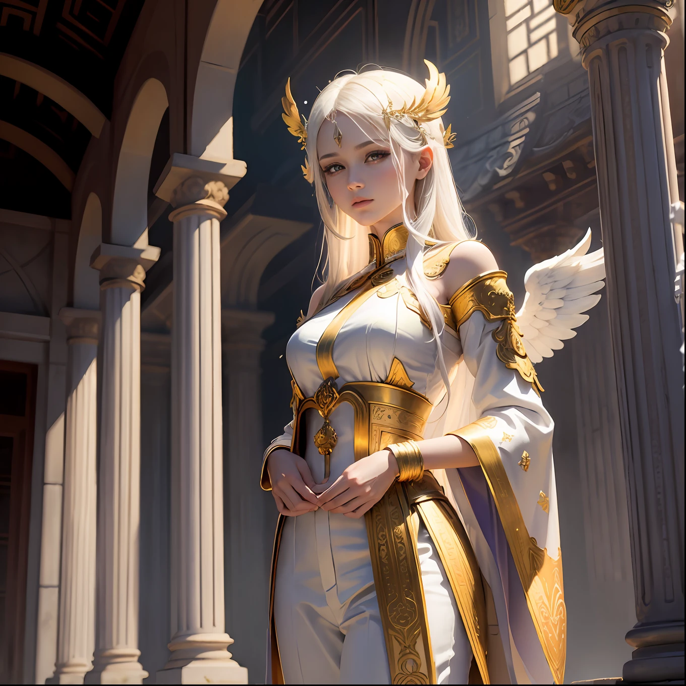 (Now masterpiece level)Best quality, A highly detailed, Beautiful and aesthetic(1.2)scene, 1 girl wearing a gold-patterned robe and white pants, Stand in the halo, Golden wings spread, had his hands folded, The hair is white, eyes are yellow, The mouth closes slightly, The top half of the picture dominates, Clear sky, Light smoke ethereal, Abandoned temple background with pillars of light shining,The picture is very detailed,Elements with fractal art(1.3),Extremely colorful。 --auto