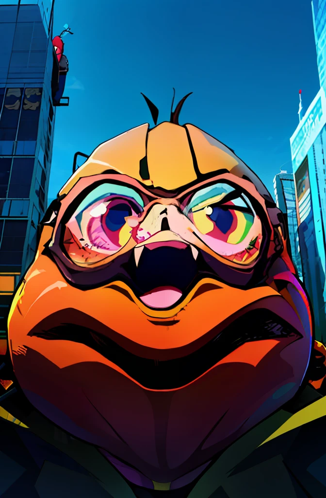 A cartoon character of a man in a hoodie and goggles, Safebooru anime image, blob anime, wario as the armored titan, Gelbooru anime image, Official artwork, anime big breast, jet set radio future, anime style hyper detailed, jet set radio, alphonse fly, jet set radio artwork, koopa, highly detailed angry anime face