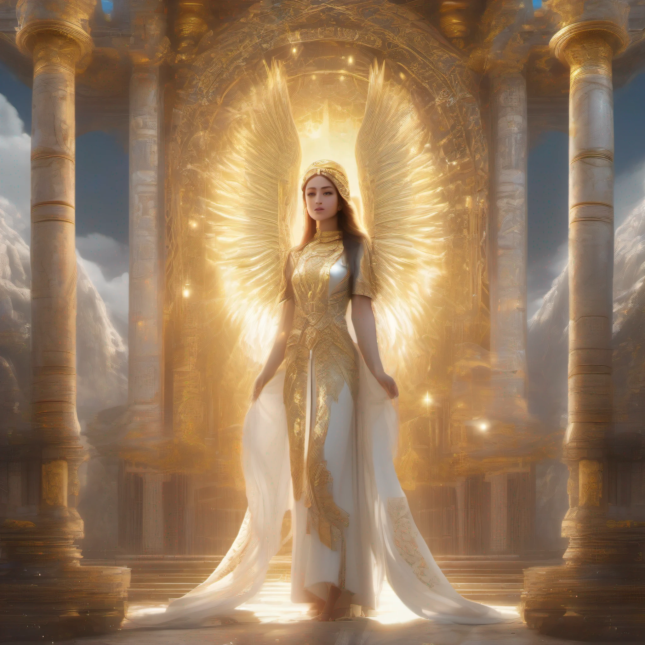 (Now masterpiece level)Best quality, A highly detailed, Beautiful and aesthetic(1.2)scene, 1 girl wearing a gold-patterned robe and white pants, Stand in the halo, Golden wings spread, had his hands folded, The hair is white, eyes are yellow, The mouth closes slightly, The top half of the picture dominates, Clear sky, Light smoke ethereal, Abandoned temple background with pillars of light shining,The picture is very detailed,Elements with fractal art(1.3),Extremely colorful。