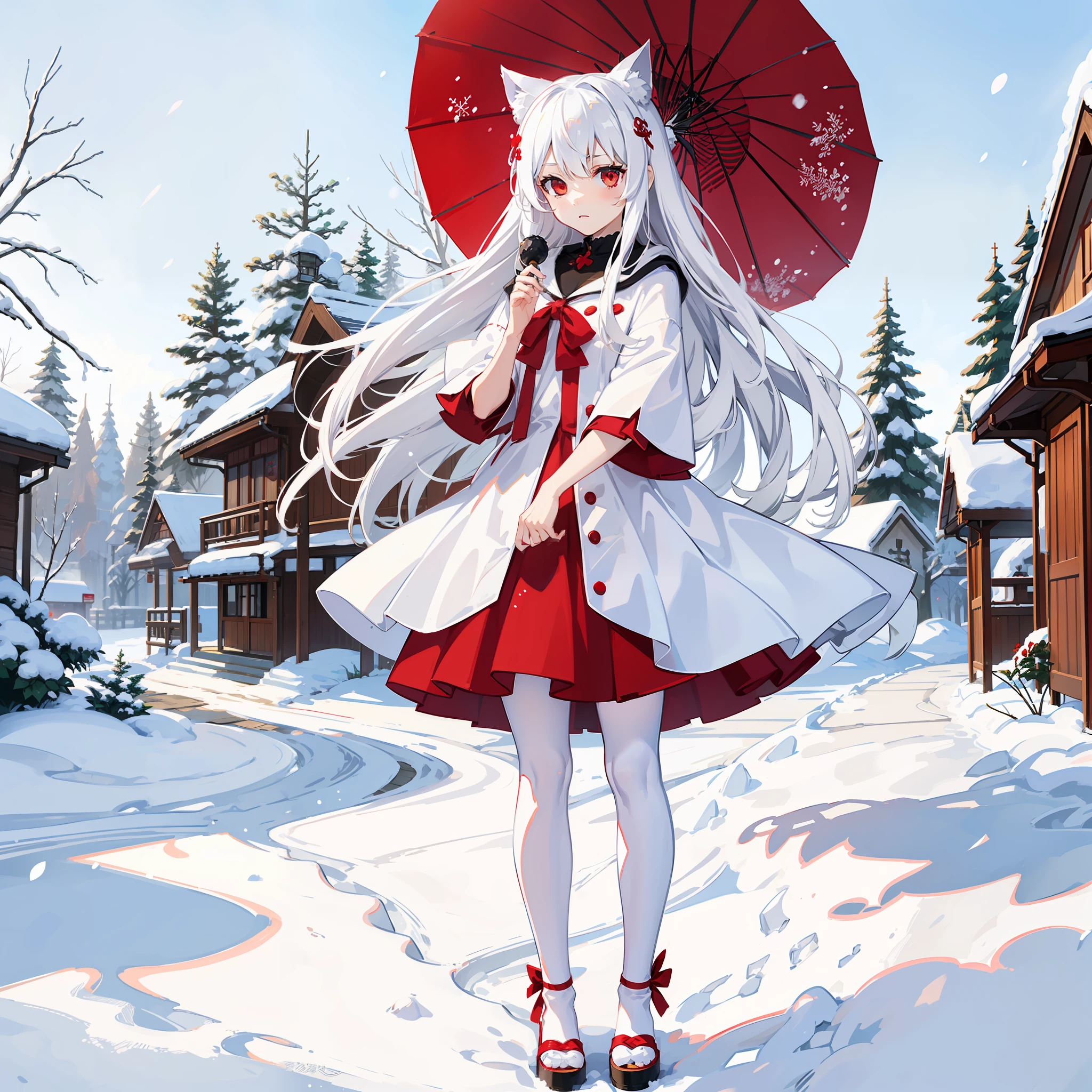 White hair, anime, shoujo, shrine, white cat ears, red witch costume, snow, red umbrella, red eyes, snow, white stockings