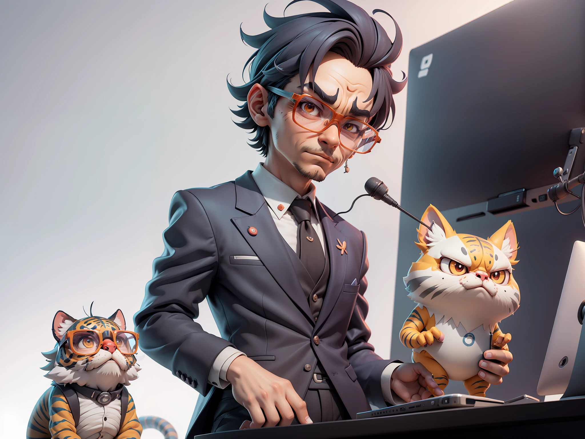 A young man in a suit and pants, Short hair and glasses sat at his desk,holding laptop,digitial painting,tigre,3D character design by Mark Clairen and Pixar and Hayao Miyazaki and Akira Toriyama,4K HD illustration,Very detailed facial features and cartoon-style visuals。
