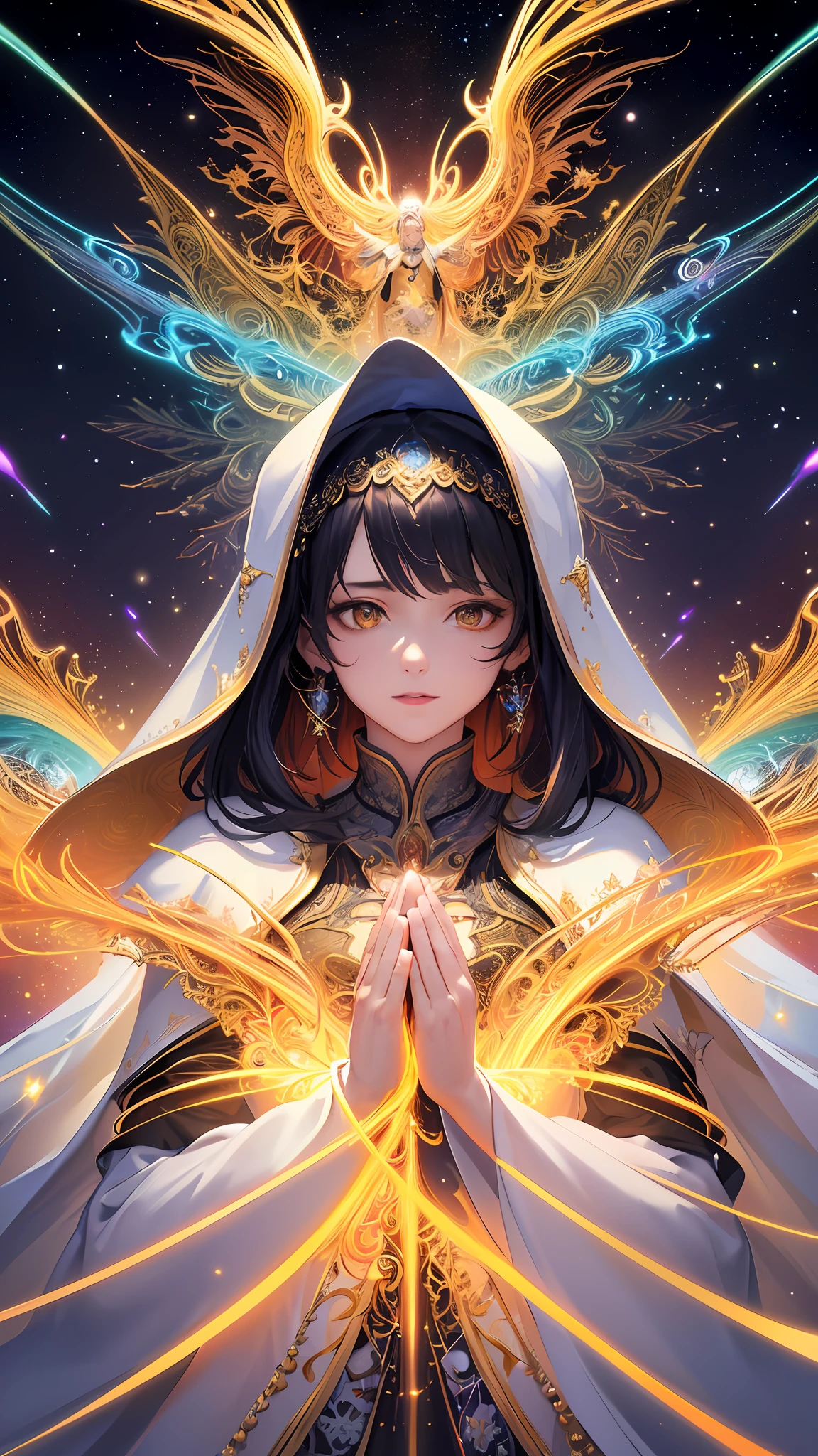 (masterpiece, top quality, best quality, official art, beautiful and aesthetic:1.2), (1girl), extreme detailed, (fractal art:1.3), colorful, highest detailed, perfect face, upper body, HDR, (praying:1.3), (white cloak golden lines:1.2), galaxy, (light streaks), striking visuals, (dynamic streaks, luminous trails:1.2), vibrant colors,