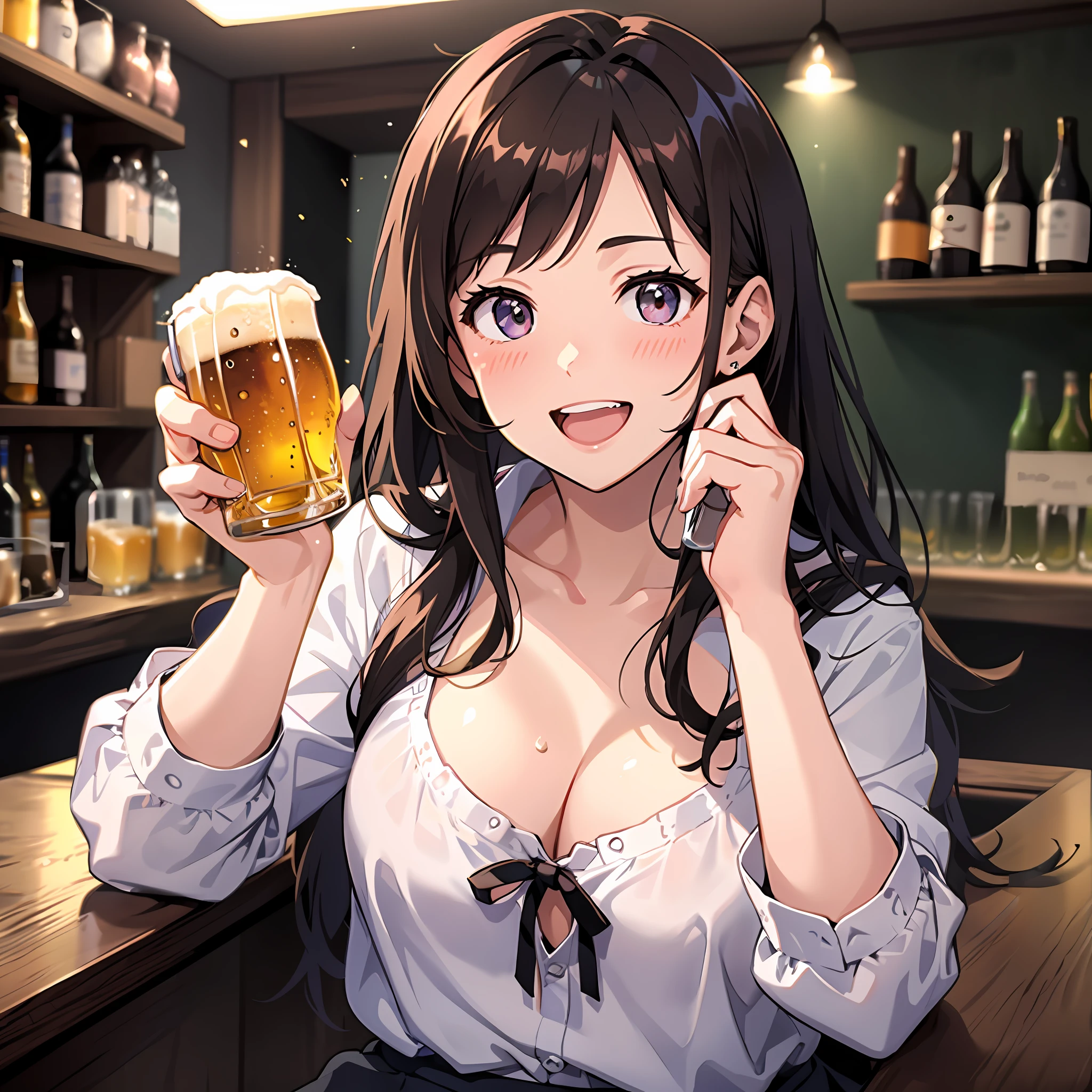 absurdres, highres BREAK one girl drinking (beer) in (mug) (with handle:1.2), (smile, happy, laugh), in bar, Female office worker, brown hair, white shirt, (cheers:1.1), rase hand, (half:1.3) (open:0.2) eyes, open mouth, (blush:1.2), (drunkard:1.2), looking at viewer, night, (cleavage:1.2) BREAK