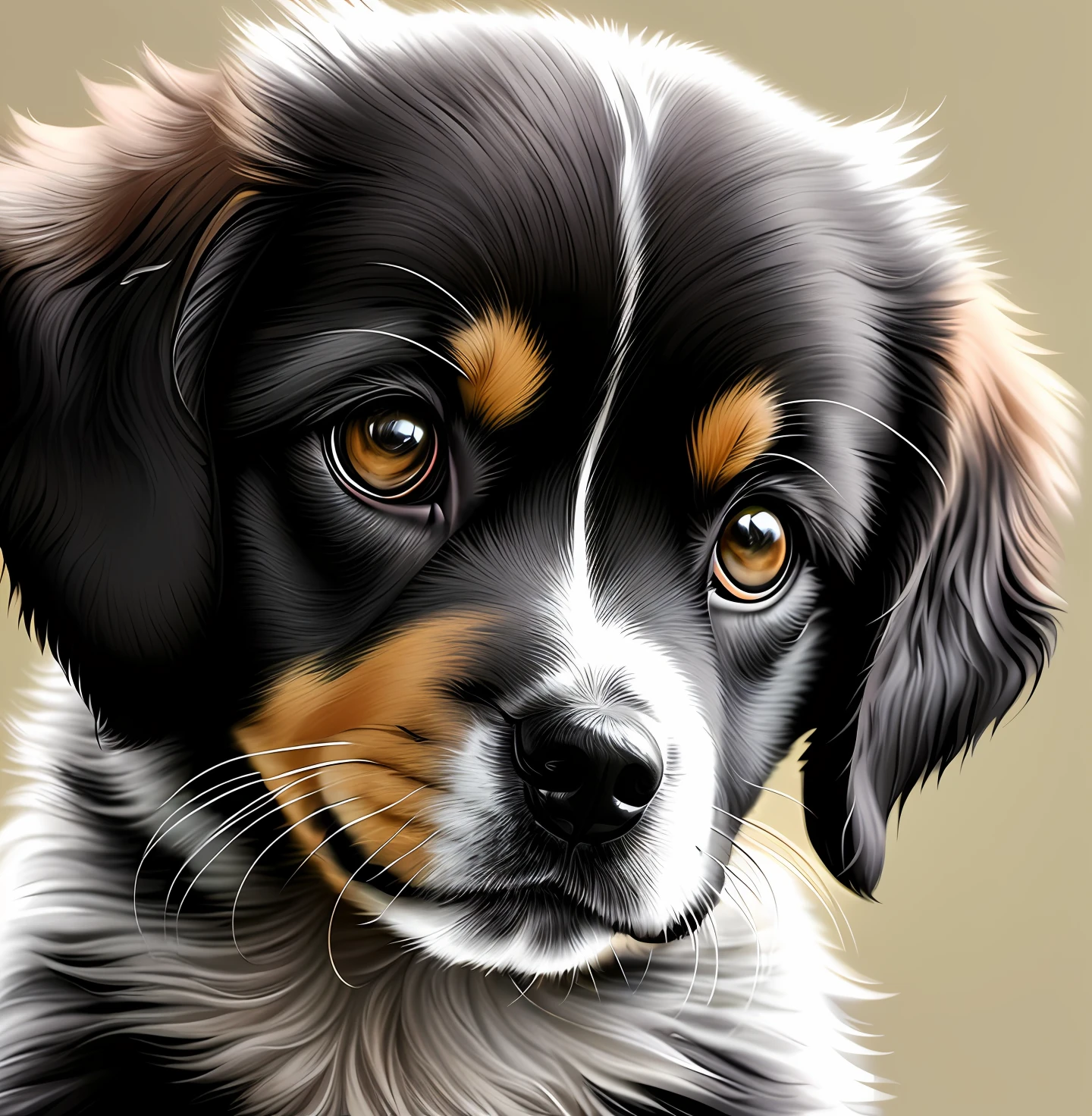 There is a puppy looking up at the camera, digital painting highly detailed, lovely digital painting, painting of cute dog, hyper-detailed portrait, portrait of ultra realistic, Detailed portrait, highly detailed portrait, Detailed digital painting, hyper-detailed portrait, very detailed digital painting, Ultra-Realistic Illustrations, A digital painting, realistic pictures, highly detailed digital painting