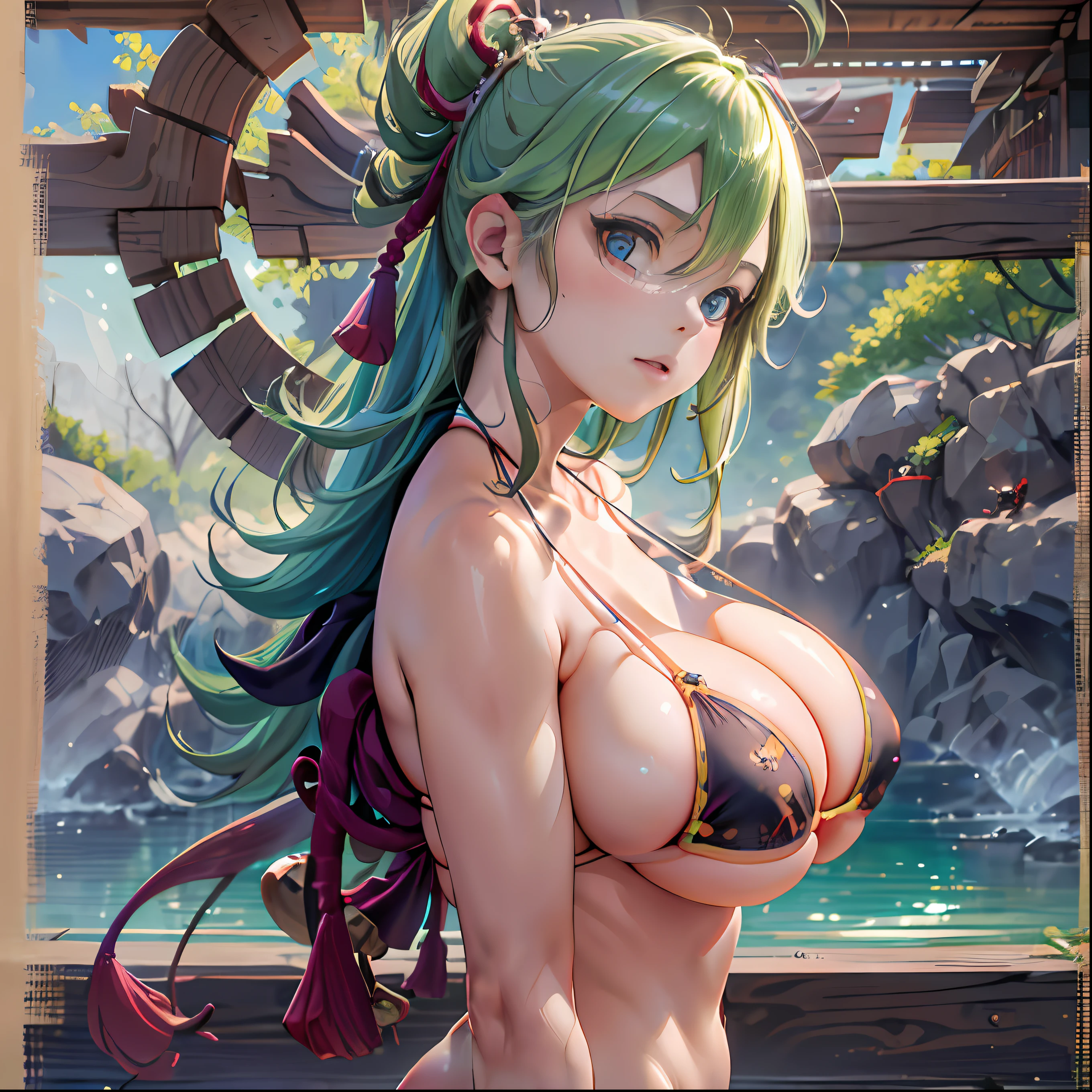 (NSTDA.:1.2), (10, beste-Qualit, master-piece: 1.4), ultra-high resolution, (lifelike, photorealistic portrait: 1.48), 20 age, Cute Girl, (See through the microcolor bikini beetle:1.5), Famous Japanese actors, gigantic breasts, Blue Eyes, Head tilt, cowboy shot, from the side, looking at the audience, express, Beautiful lake, Zeiss 150mm F/ 2.8 Hasselblad, In Japanese shrines, Whole body, foot, Ultra-Wide Angle