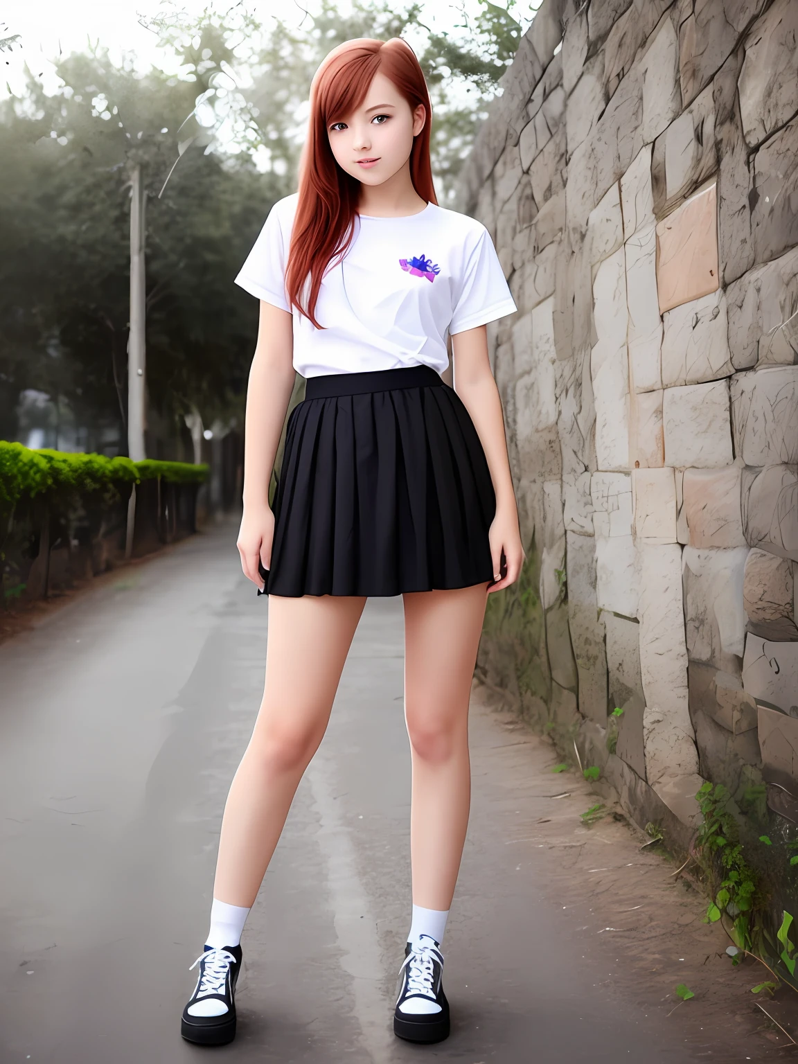 A young teenager redhead dressed like high schooler showing her transparent panty, skirt up