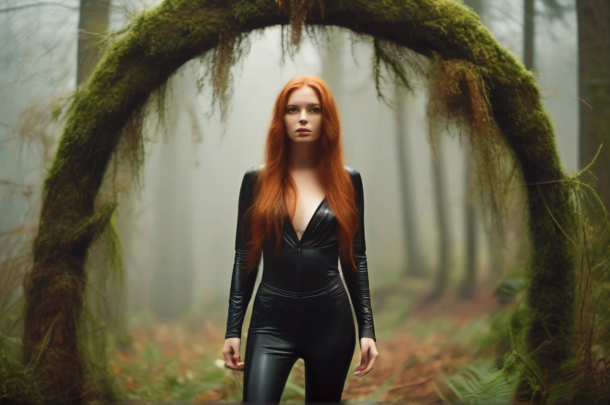 (masterpiece), cinematic film still, (full body shot) of beautiful and sexy young red haired woman, (long hair), (perfect face), (detailed facial features), seductive look, (amazing body), (wearing bodysuit), standing, outdoors, moist, damp, forest, detailed background), shallow depth of field, (detailed), photographed on a Kodak box camera,