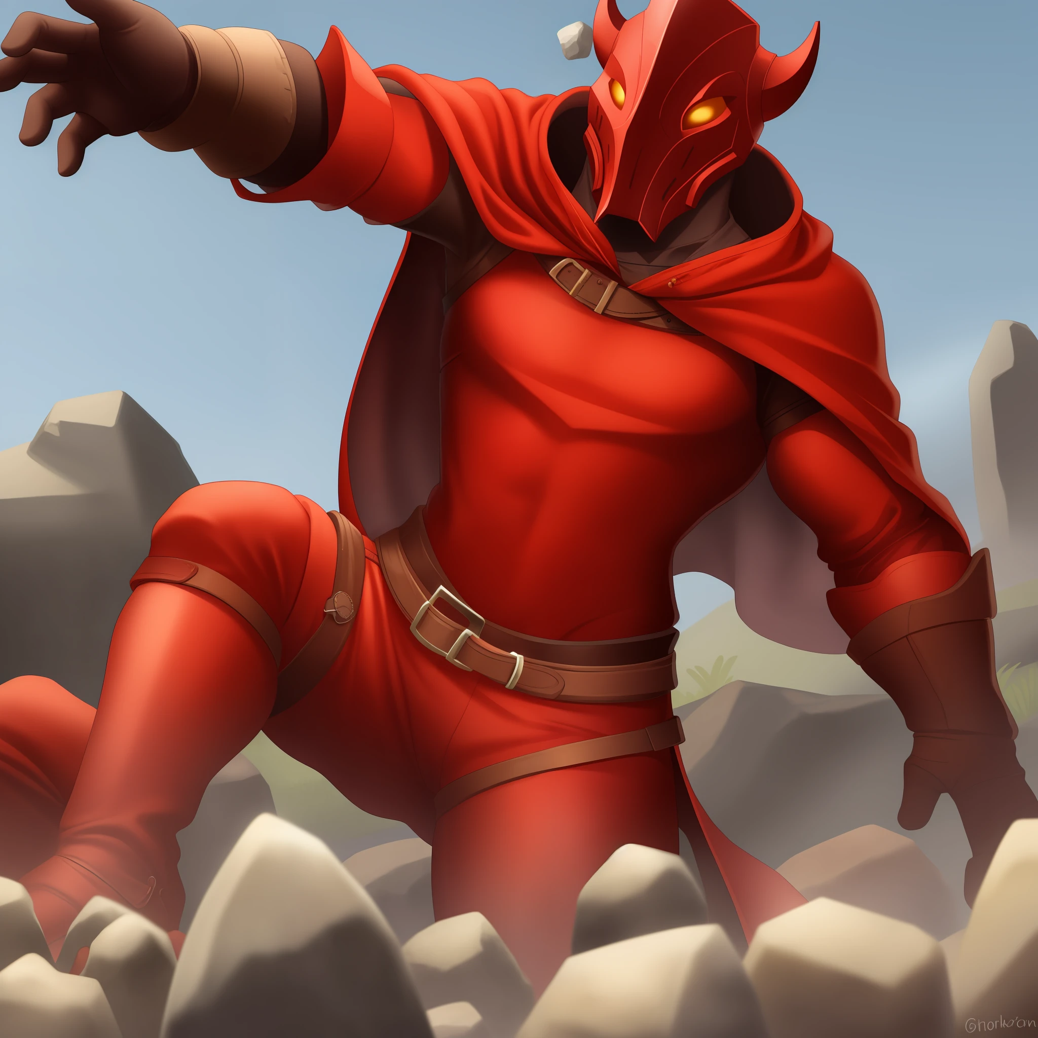 Red Dragonborn wearing a cape holding some rocks