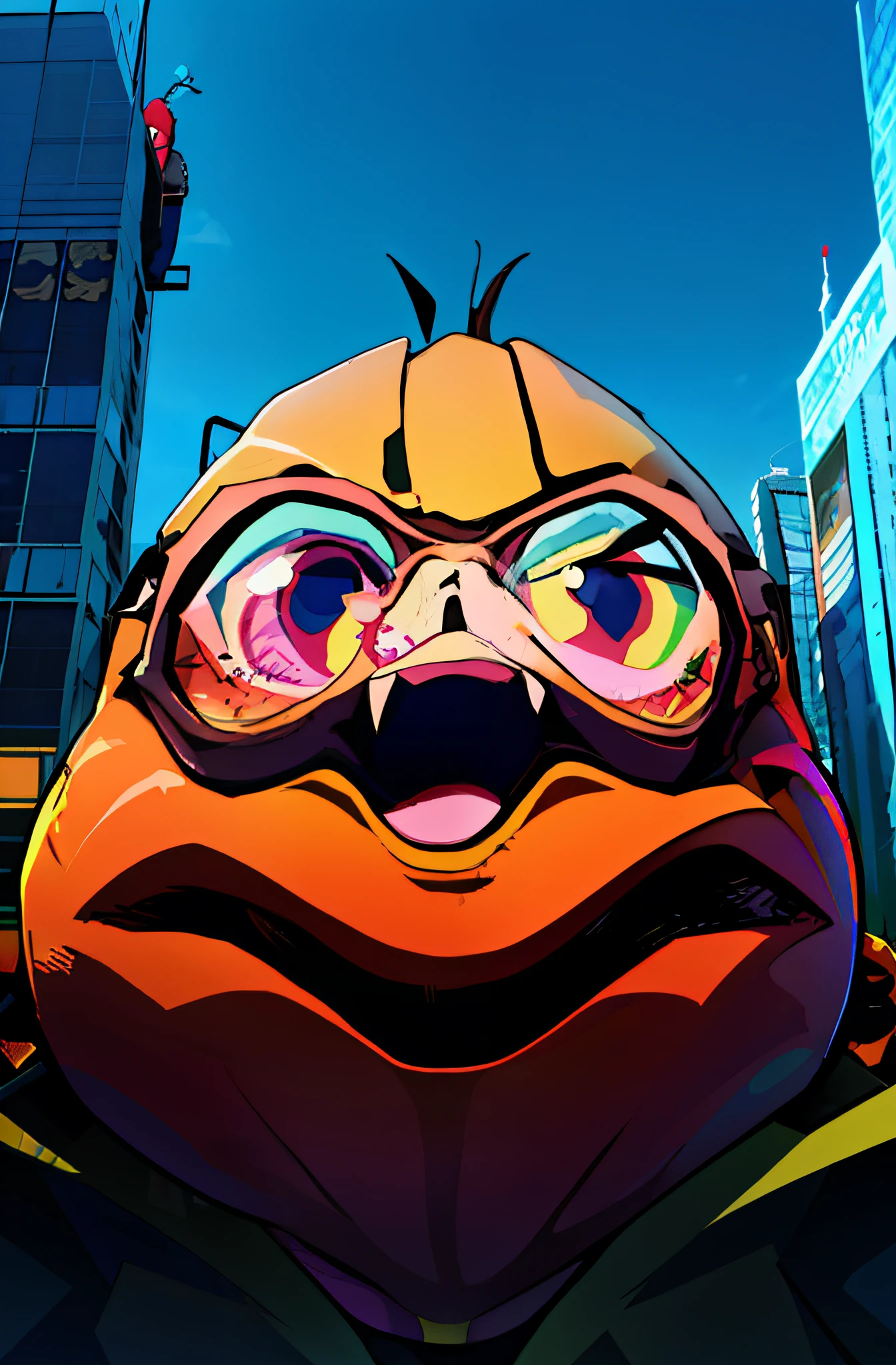 A cartoon character of a man in a hoodie and goggles, Safebooru anime image, blob anime, wario as the armored titan, Gelbooru anime image, Official artwork, anime big breast, jet set radio future, anime style hyper detailed, jet set radio, alphonse fly, jet set radio artwork, koopa, highly detailed angry anime face