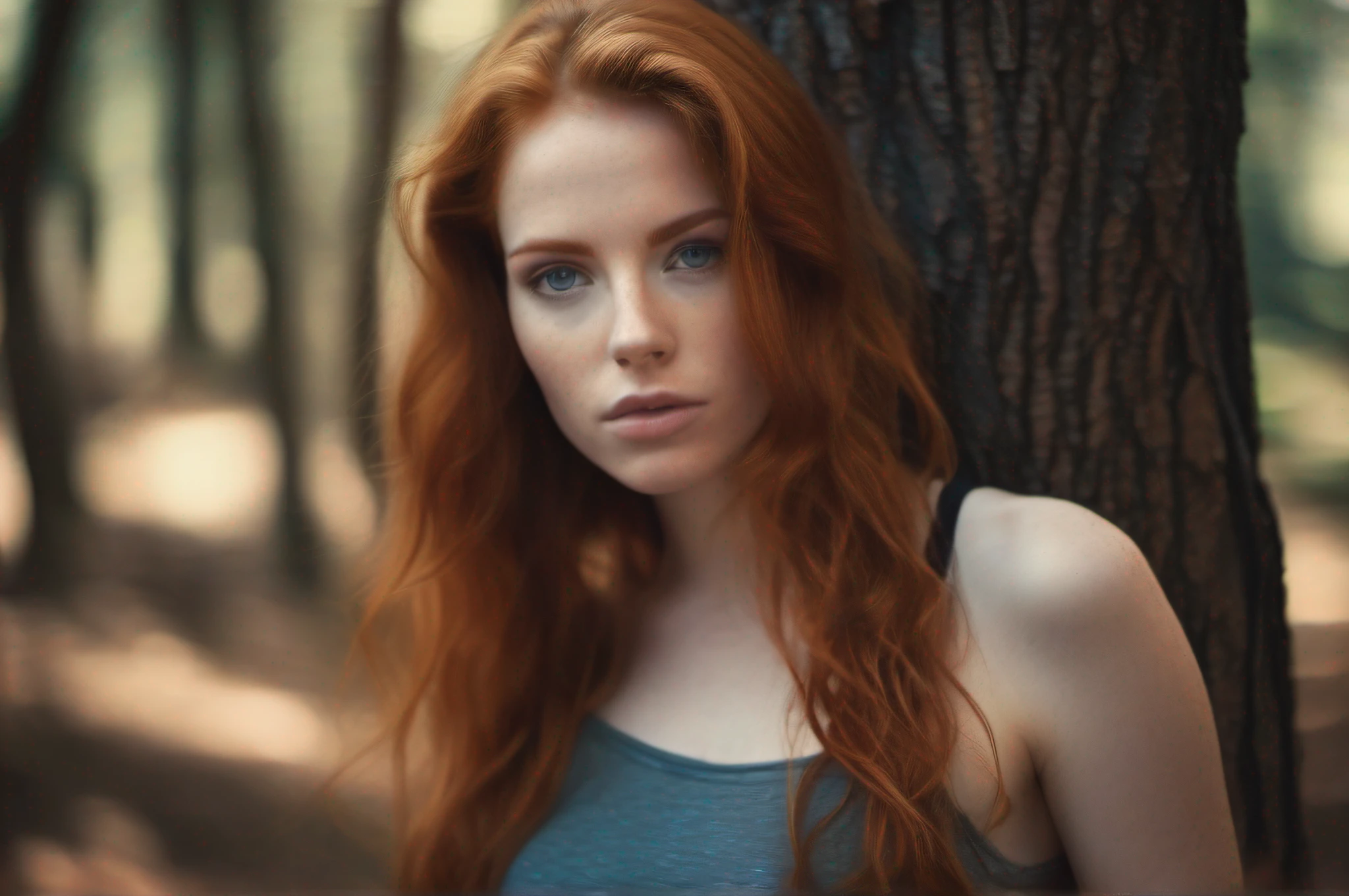 (masterpiece), cinematic film still, (full body shot) of beautiful and sexy young red haired woman, (long hair), (perfect face), (detailed facial features), seductive look, (amazing body), (wearing bodysuit), standing, outdoors, moist, damp, forest, detailed background), shallow depth of field, (detailed), photographed on a Kodak box camera,