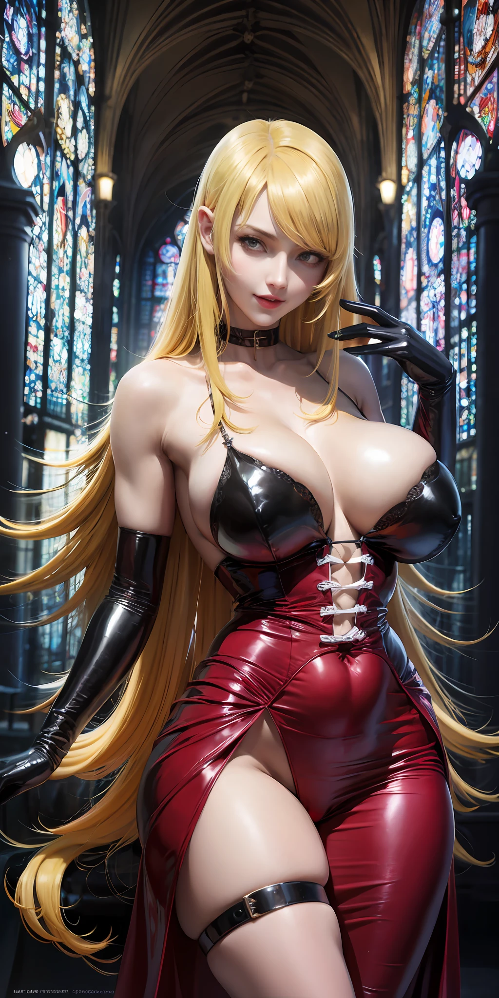 beautiful face focus, masterpiece, best quality, kissshotms, 1girl, (15years old,young female:1.3), large breasts, (nsfw,hentai), night, light effect, masterpiece, best quality, (kissshotms), 1girl,mature female, large breasts, 8k, uhf, venusbody, white long gloves, wine-red dress, long dress, black theme, , venusbody, huge breasts, big ass, (abs, )muscular woman, thin waist, huge body, detailed eyes, church,Stained glass,Solemnity, from bellow