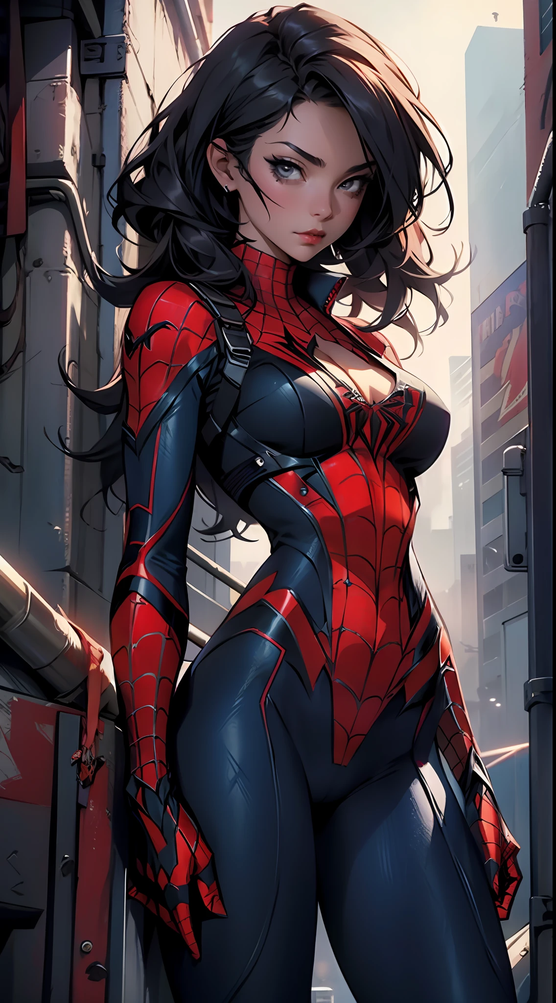 Beautiful woman detailed defined body using spider man cosplay，little breast，cleavage，nigth，on the rooftop，city night scene