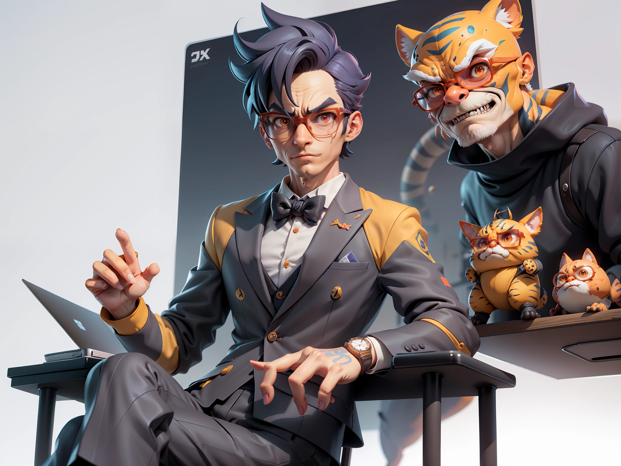 A young man in a suit, Short hair and glasses sat at his desk,holding laptop,digitial painting,tigre,3D character design by Mark Clairen and Pixar and Hayao Miyazaki and Akira Toriyama,4K HD illustration,Very detailed facial features and cartoon-style visuals。
