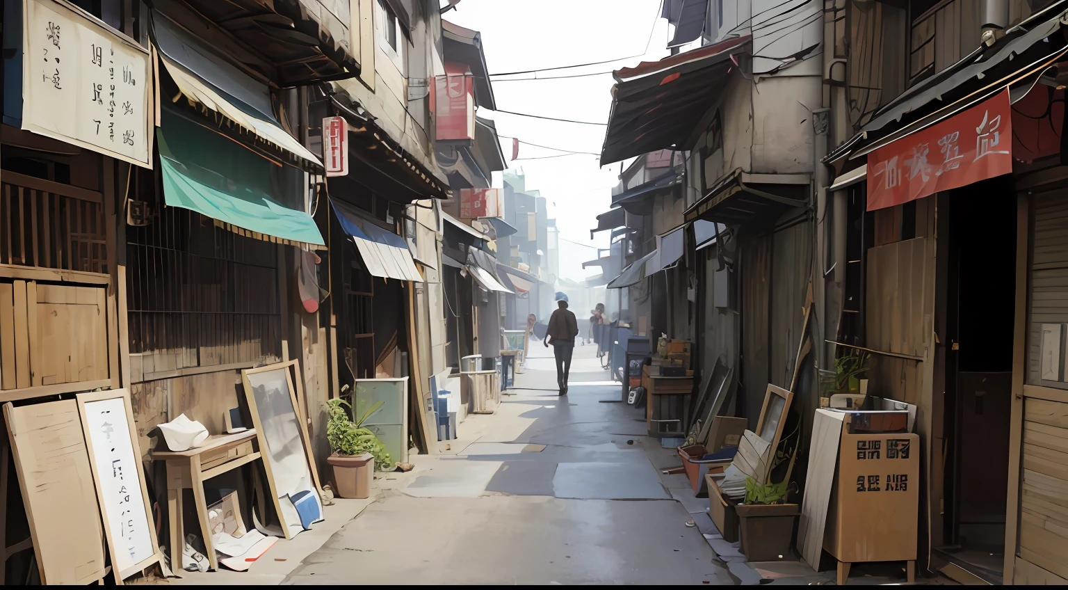 人物：

Chen Jianghai（male people）
Scenes：

streets and lanes：Chen Jianghai walks the streets and alleys where he is engaged in repairing household appliances and buying discarded household appliances。
Long alleys where sound echoes：In the long alley，There are all kinds of hawkers shouting and selling，Including Chen Jianghai's voice。