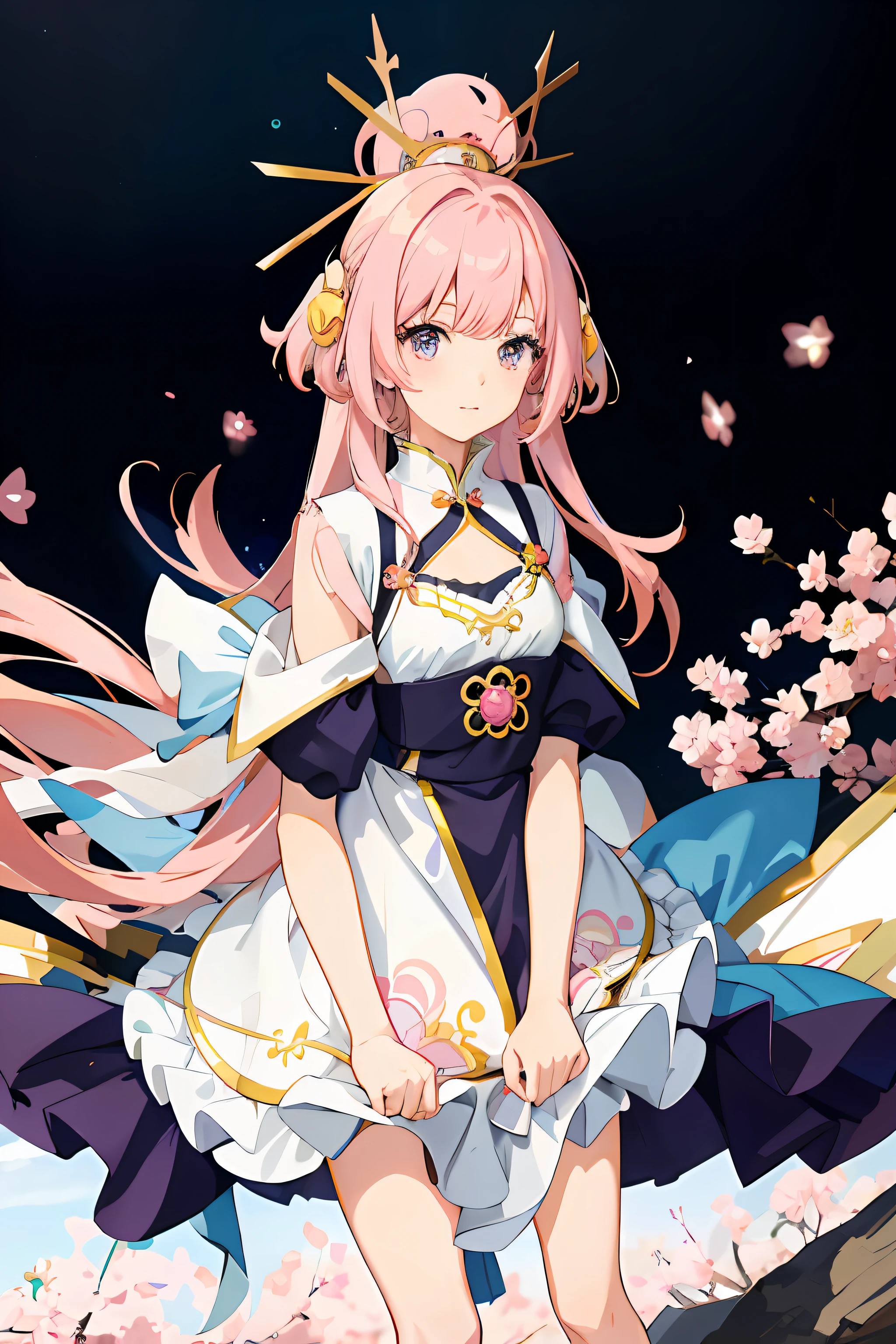 Anime girl wearing white dress，Pink hair and blue dress, cute anime waifu in a nice dress, Anime goddess, sakura petals around her, Best anime 4k konachan wallpaper, Beautiful anime girl, pretty anime girl, nightcore, (Anime girl), anime wallaper, anime visual of a cute girl, anime moe art style, anime best girl