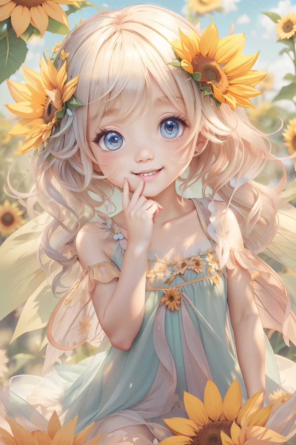 Cute fairy with a sense of transparency、Bright smile、Have fun playing、Beautiful background、Bright background、Sunflower background、baby