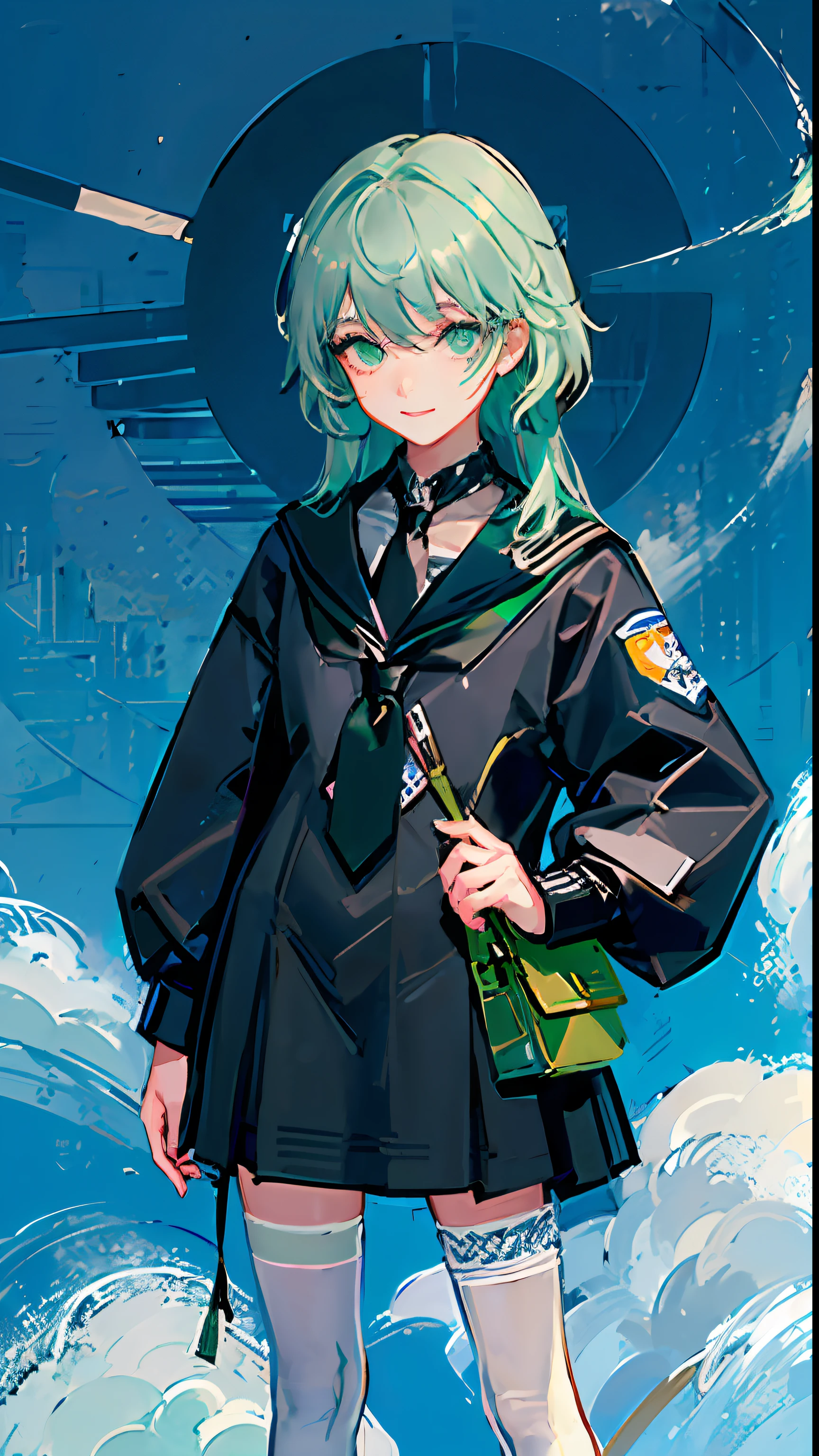 (Highest image quality, Illustrator-level detail, A teenager of unknown gender around s old),(Black sailor suit, white necktie, cabelos preto e longos, The left eye is light green, Right eye emerald, ssmile, Bandaged limbs, Eyelashes dark gray)