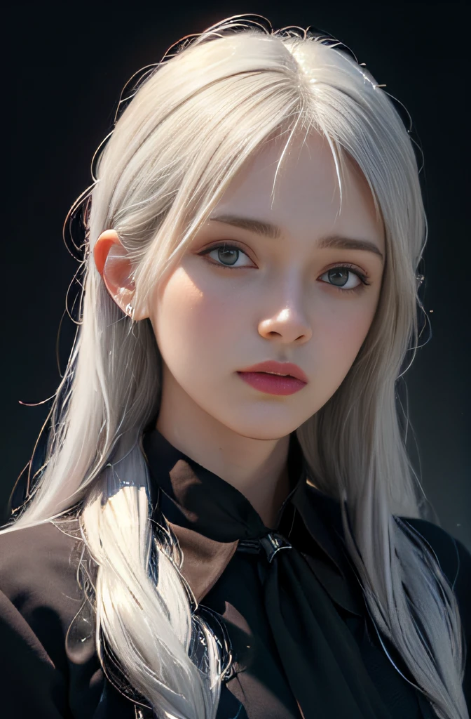 (In the Dark: 1.6), surreal female portrait by David Hockney and Alphonse Mucha, fantasy art, photorealism, dynamic lighting, artstation, poster, volumetric lighting, very detailed faces, 4k, Award Winning, 1girl, In Dark, Deep Shadow, Low Key, Cowboy Shot, (Stewardess Uniform: 1.4), Long Hair, White Hair, Bust, Terminal, Medium Boobs