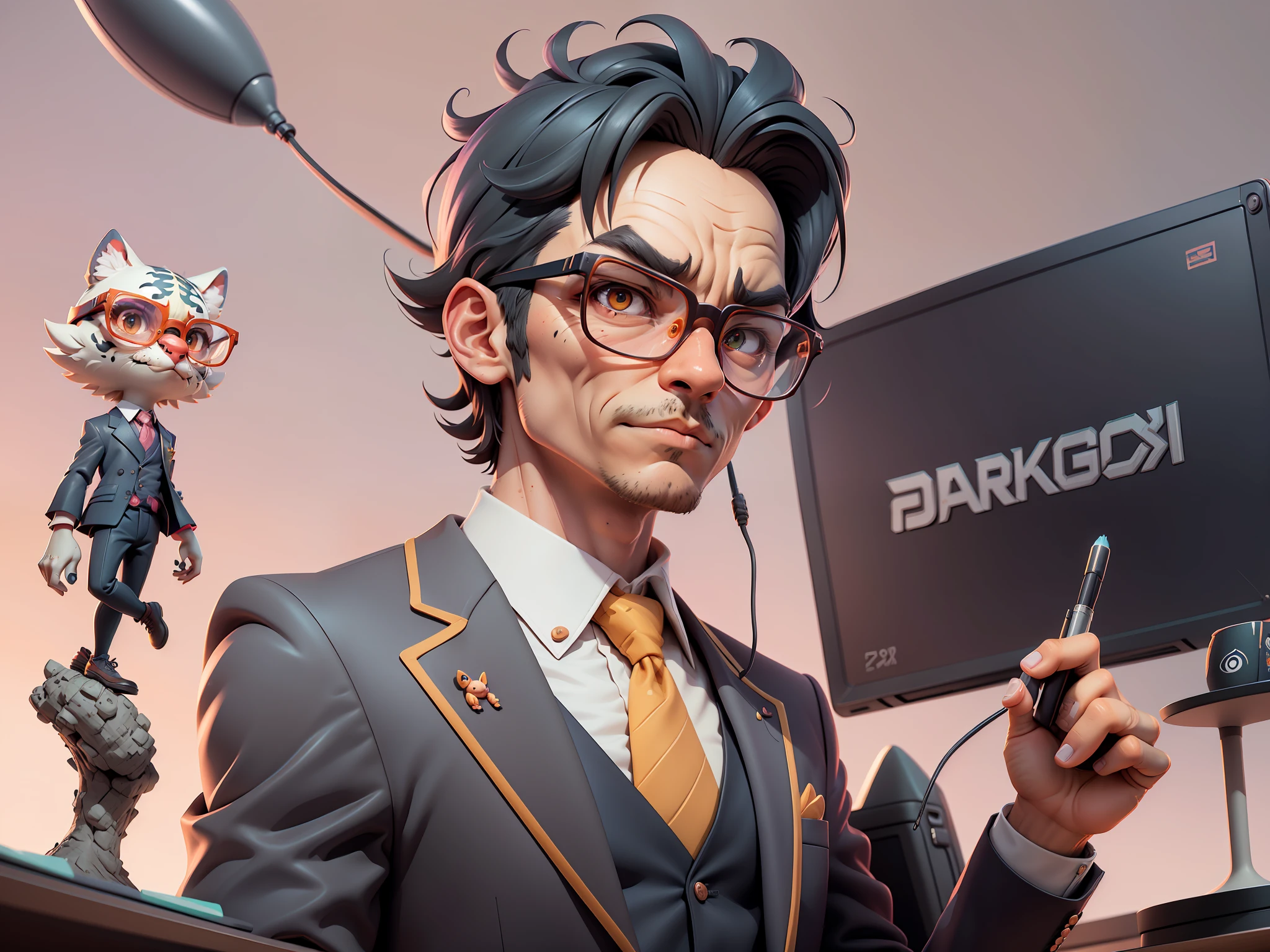A young man in a suit, Short hair and glasses sat at his desk,holding laptop,digitial painting,tigre,3D character design by Mark Clairen and Pixar and Hayao Miyazaki and Akira Toriyama,4K HD illustration,Very detailed facial features and cartoon-style visuals。