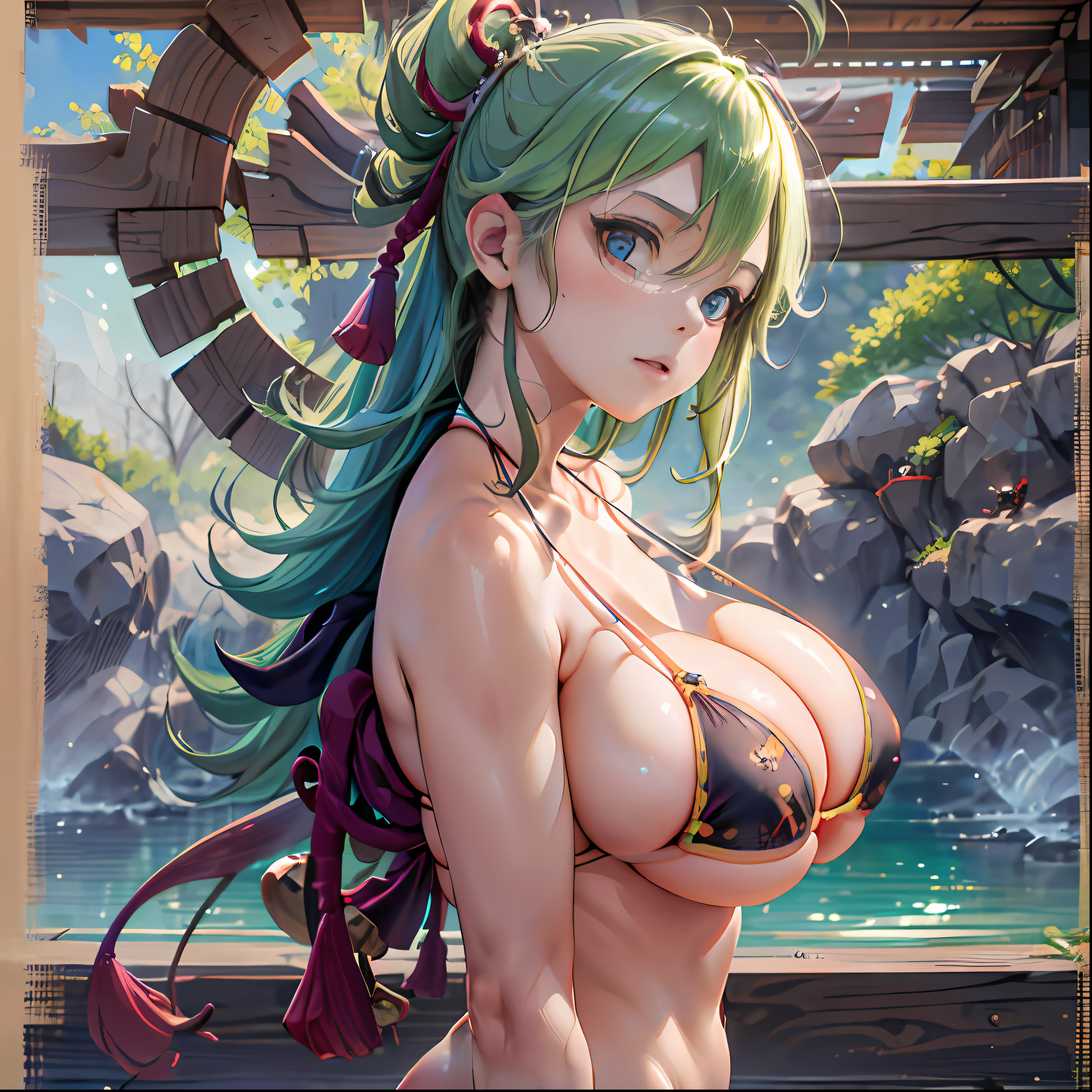 (NSTDA.:1.2), (10, beste-Qualit, master-piece: 1.4), ultra-high resolution, (lifelike, photorealistic portrait: 1.48), 20 age, Cute Girl, (See through the microcolor bikini beetle:1.5), Famous Japanese actors, gigantic breasts, Blue Eyes, Head tilt, cowboy shot, from the side, looking at the audience, express, Beautiful lake, Zeiss 150mm F/ 2.8 Hasselblad, In Japanese shrines, Whole body, foot, Ultra-Wide Angle