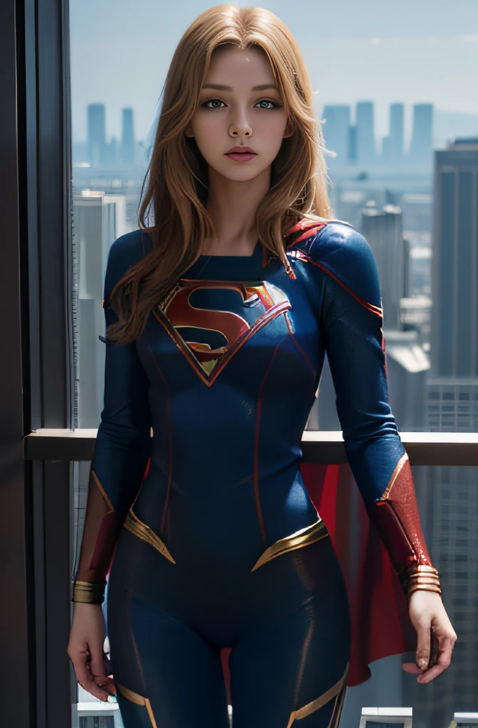 Beautuful Women, Supergirl tight-fitting suit，Full body photo，Prominent figure，standing on the edge of a skyscraper，photore （tmasterpiece） （best qualtiy） （A detailed） （8k） （k hd） （the wallpaper） （cinmatic lighting） （Sharp focus）